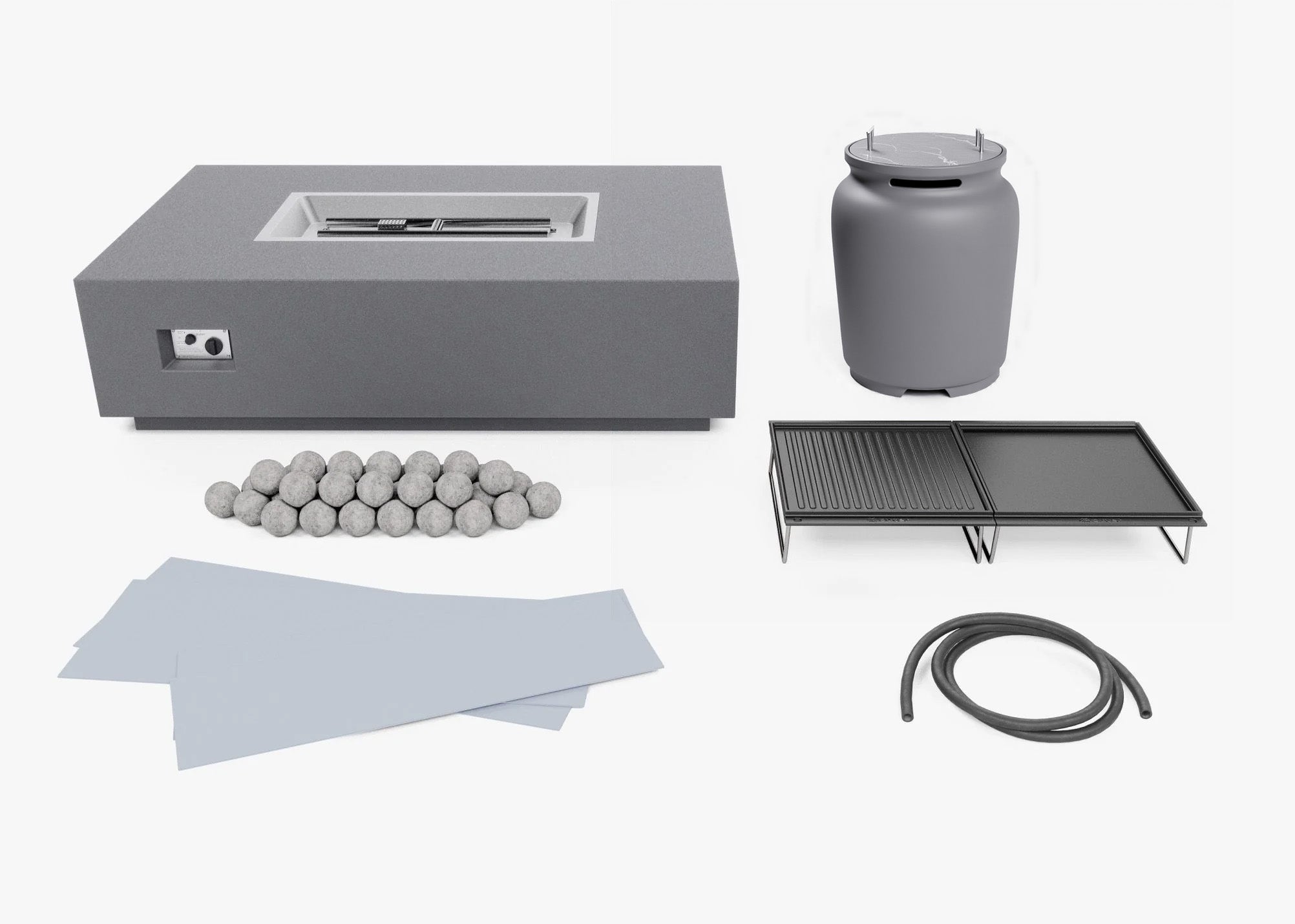 Fire Pit Table component pieces: propane cover and hose, cooking surface, splatter guard, fire pit medium. #title_default title