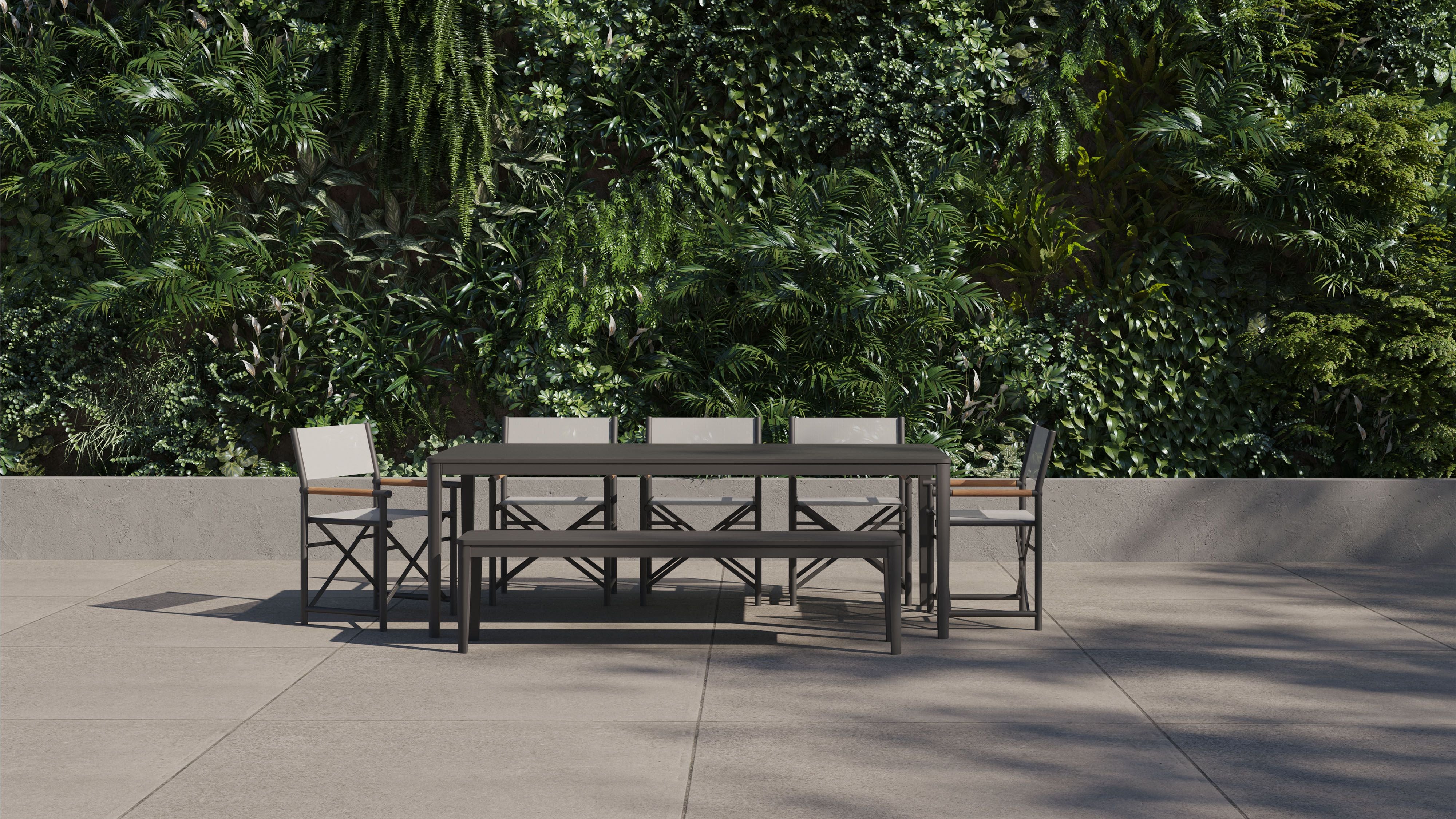 Aluminum Outdoor Rectangular Dining Table + 5 Aluminum Director's Chairs + Aluminum Dining Bench #color_charcoal