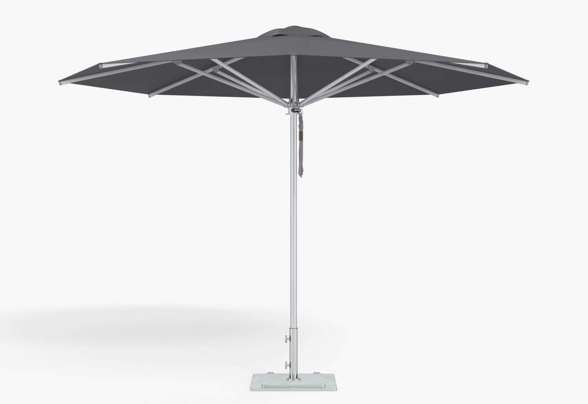 Round aluminum patio umbrella shown with Gray canopy fabric. #style_round - gray
