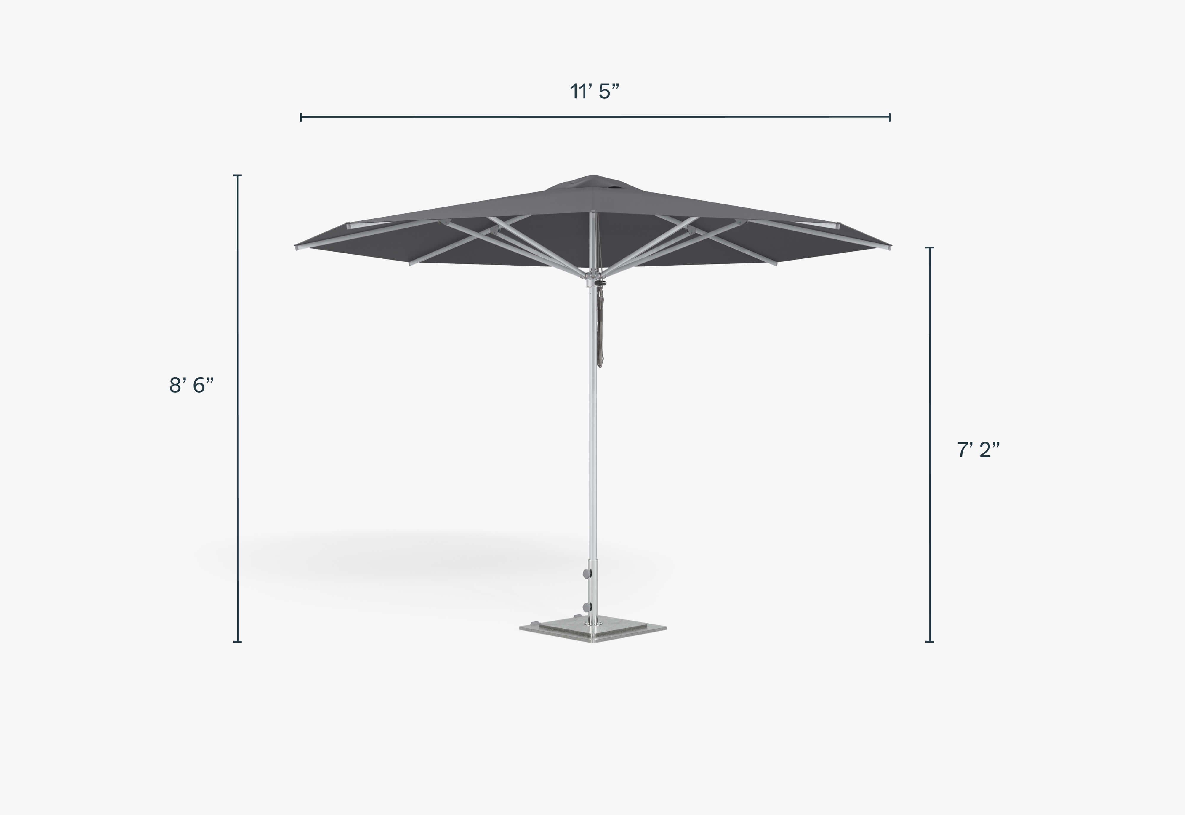 Round aluminum patio umbrella shown with Gray canopy fabric, dimensions in inches. #style_round - gray