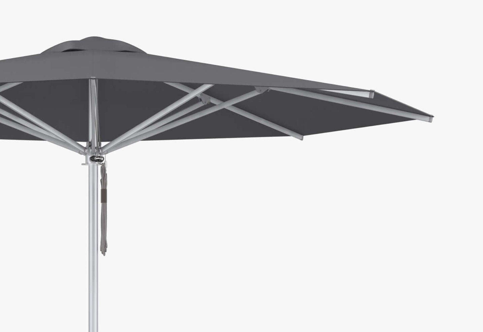 Closeup crop of round aluminum patio umbrella shown with Gray canopy fabric. #style_round - gray
