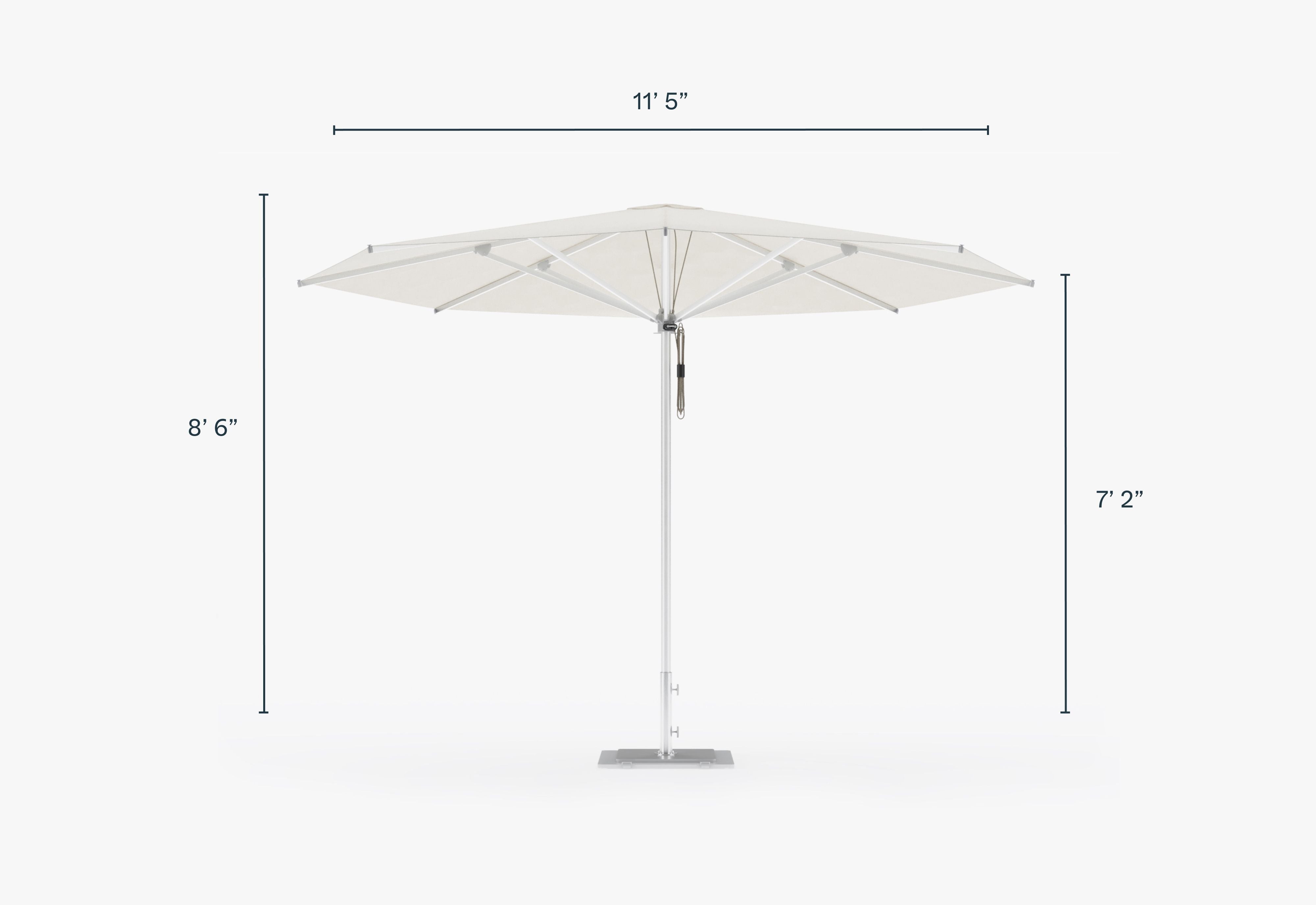 Round aluminum patio umbrella shown with White canopy fabric, dimensions in inches. #style_round - white