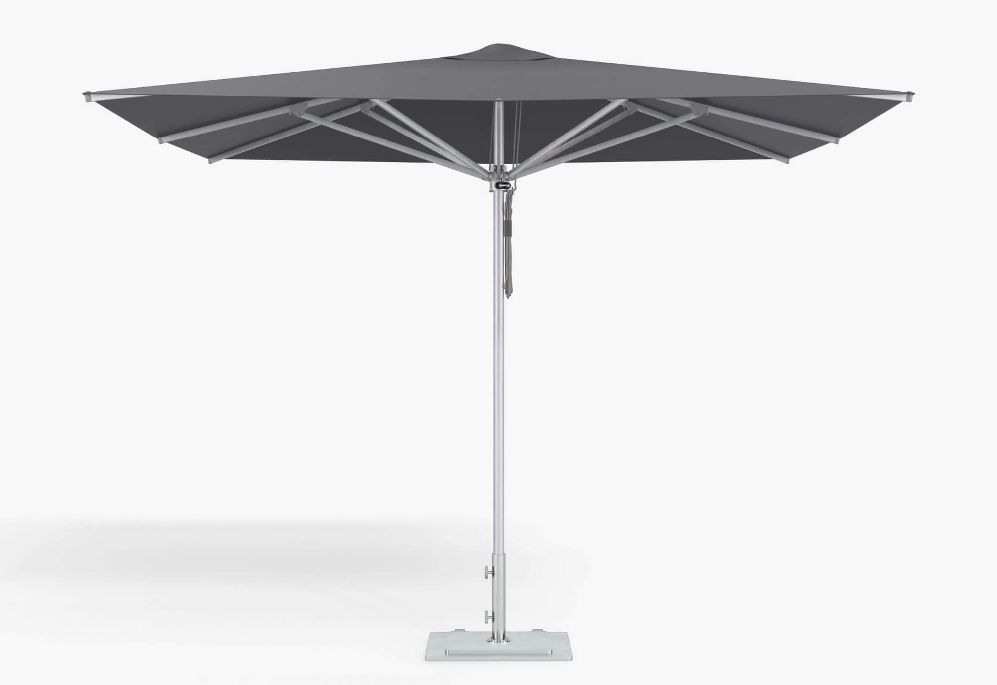 Square aluminum patio umbrella shown with Gray canopy fabric. #style_square - gray