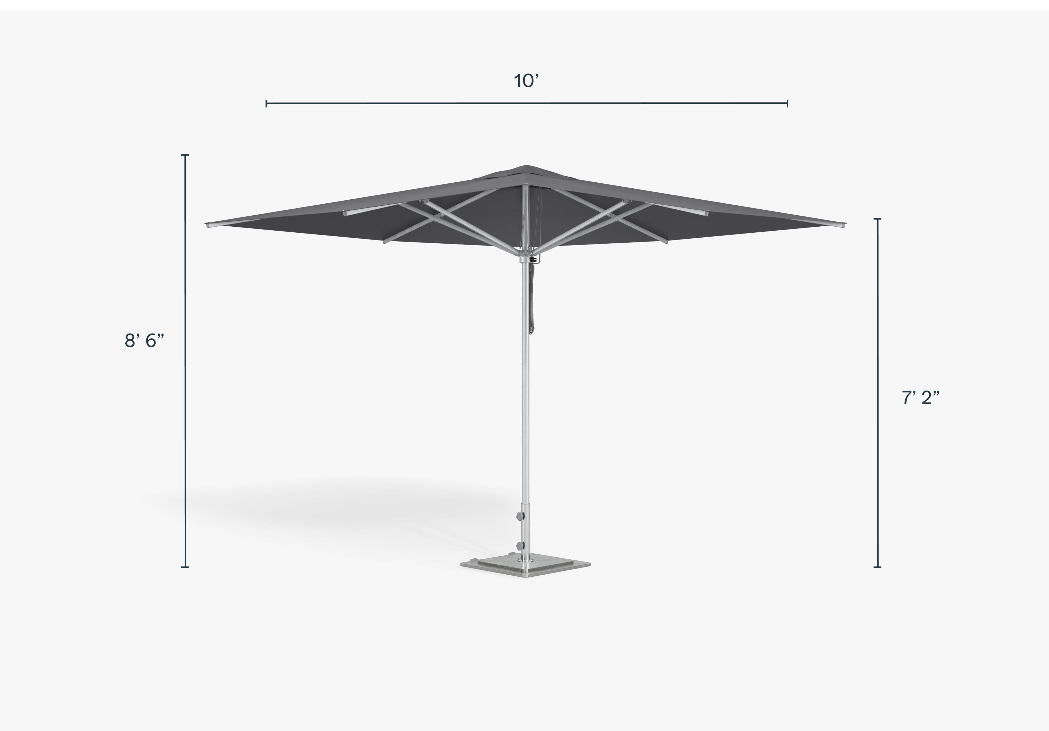Square aluminum patio umbrella shown with Gray canopy fabric, dimensions in inches. #style_square - gray