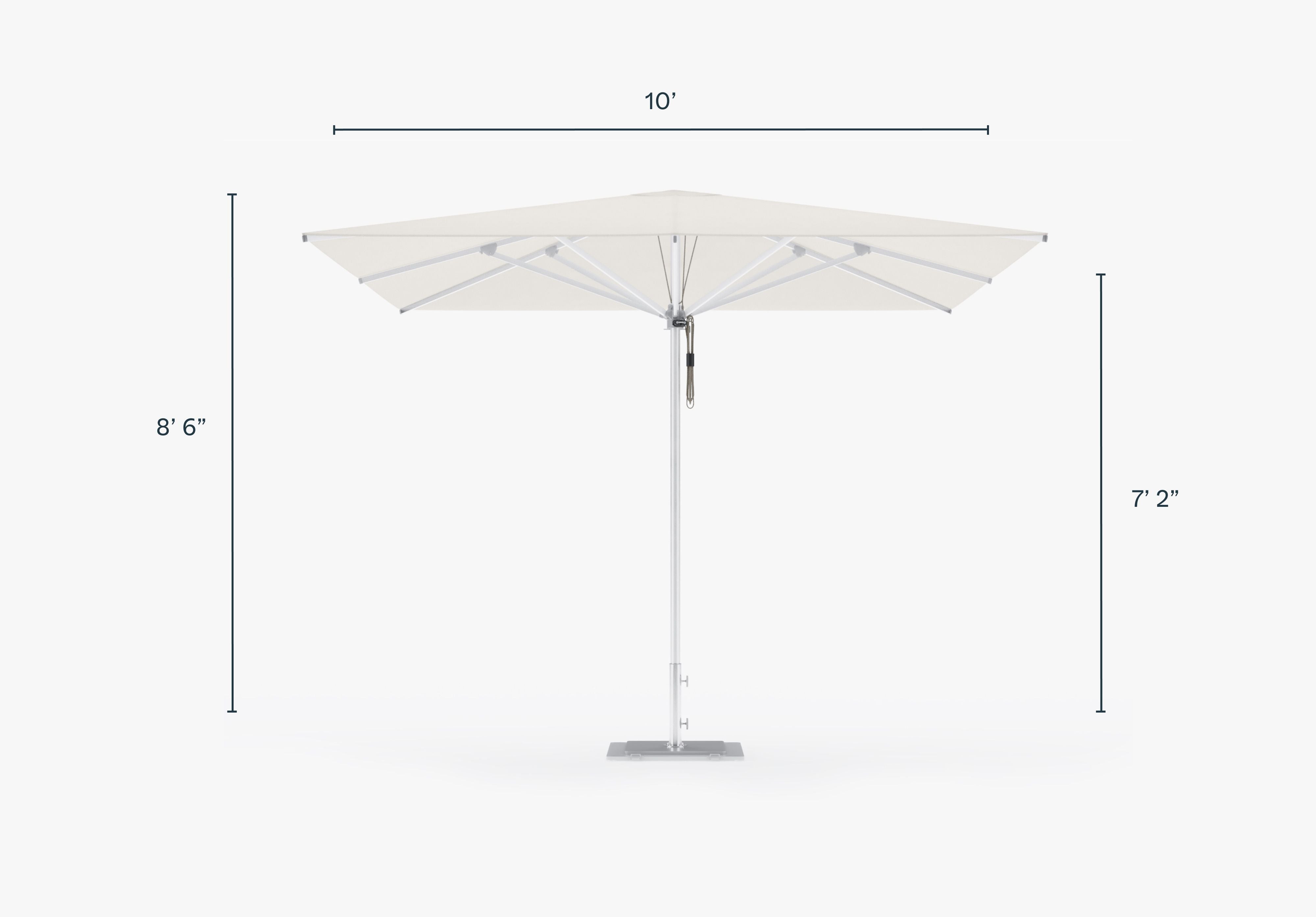Square aluminum patio umbrella shown with White canopy fabric, dimensions in inches. #style_square - white