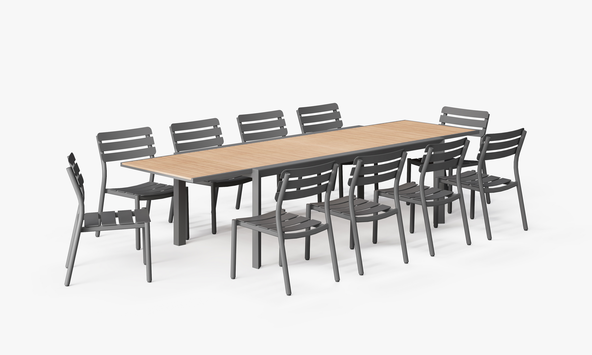 Teak and aluminum expandable outdoor dining set for ten guests