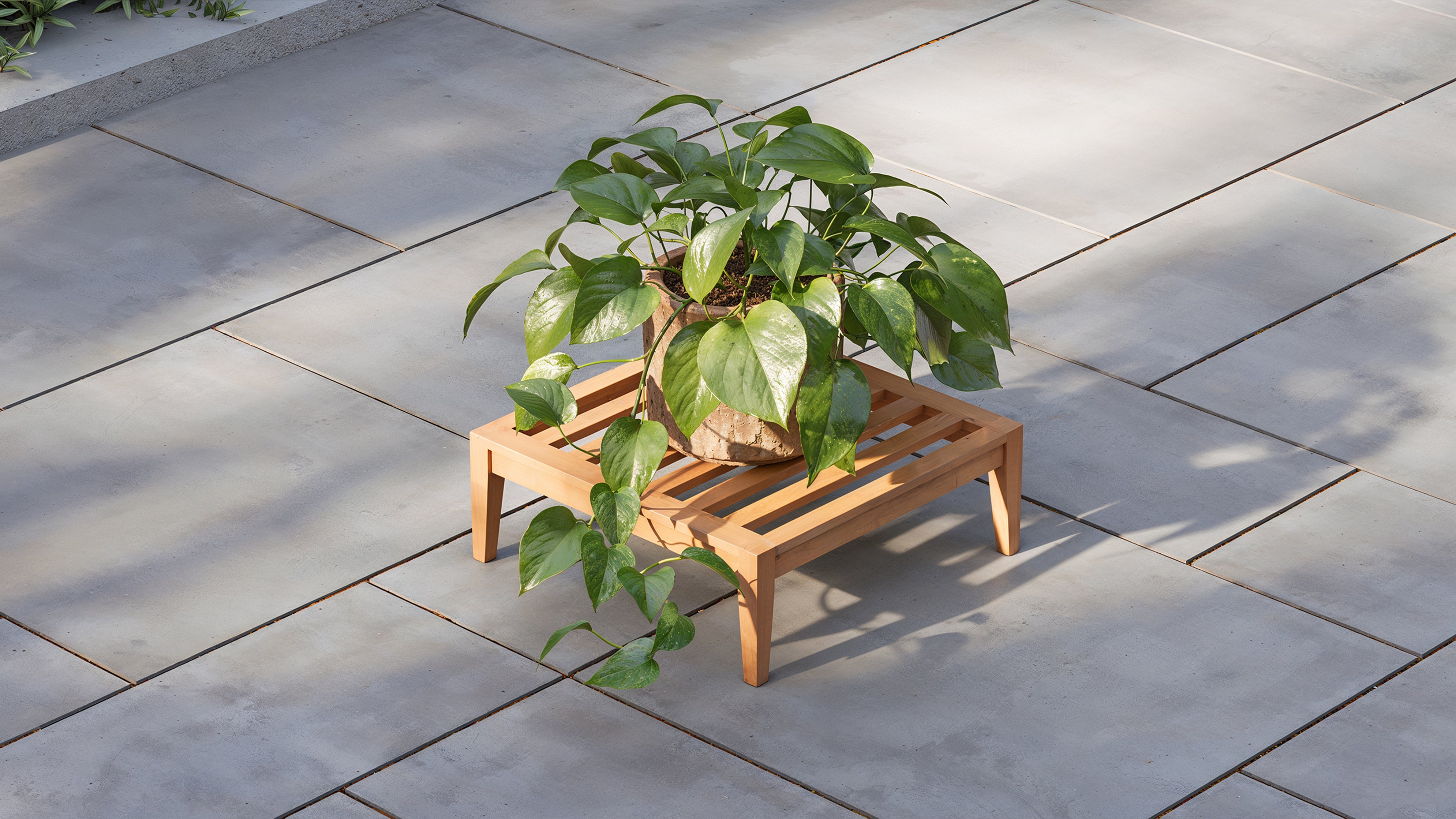 Teak ottoman with slatted top used as a plant stand, featuring a potted green houseplant on a sunlit stone patio, highlighting natural wood texture and versatile outdoor styling