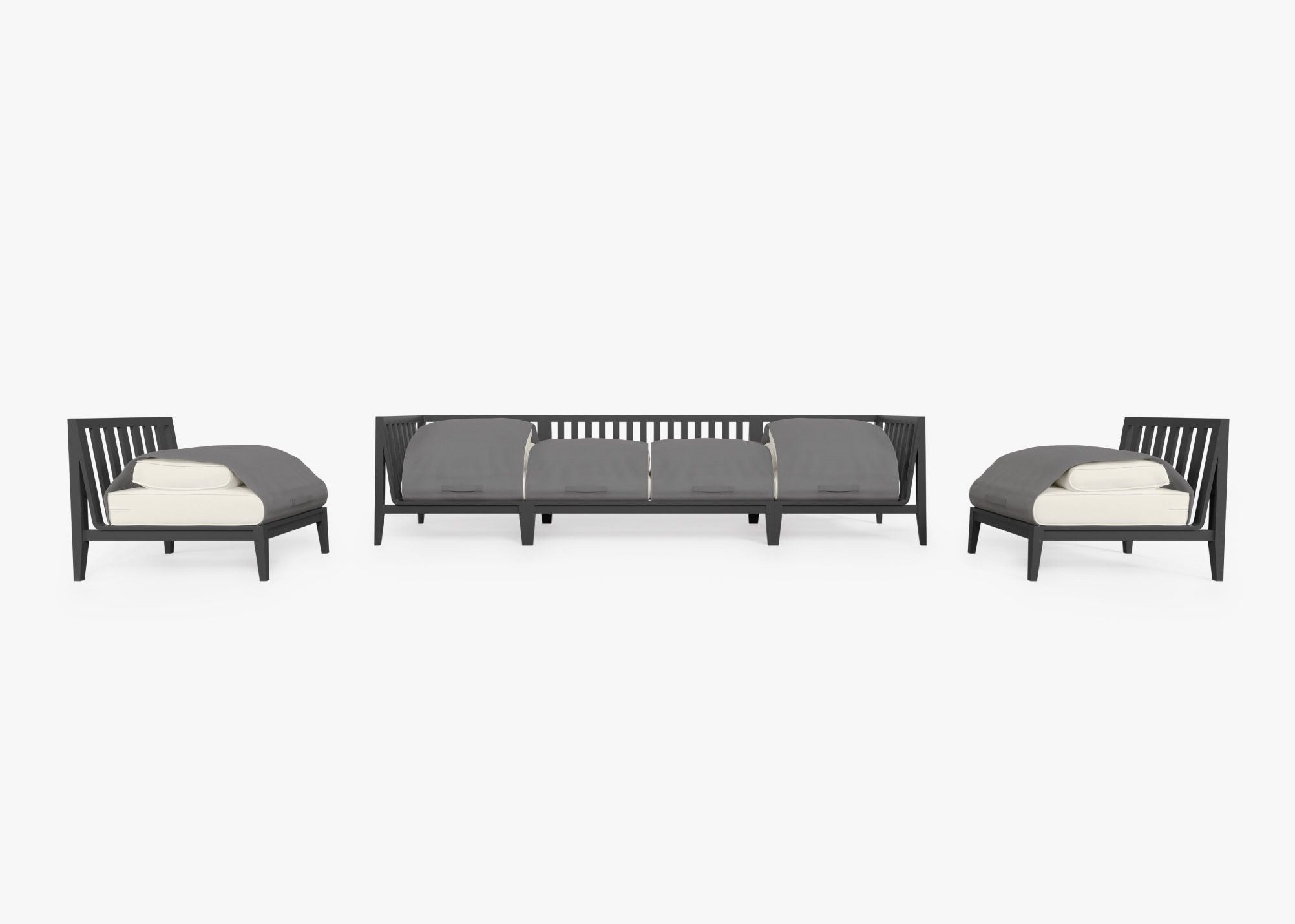 Charcoal Aluminum Outdoor Sofa with Armless Chairs - 6 Seat shown with the OuterShell outdoor cushion cover, offering exclusive integrated protection. #color_palisades cream