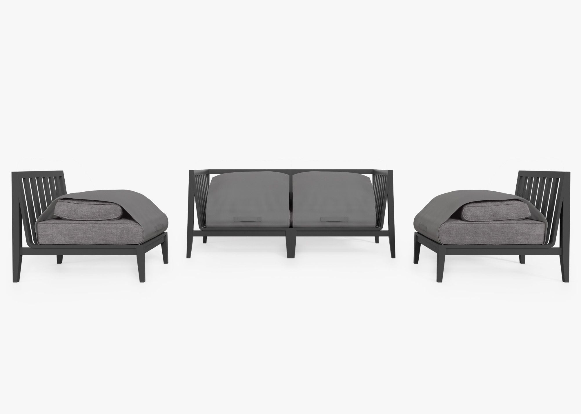 Charcoal Aluminum Outdoor Loveseat with Armless Chairs - 4 Seat shown with the OuterShell outdoor cushion cover, offering exclusive integrated protection. #color_dark pebble gray