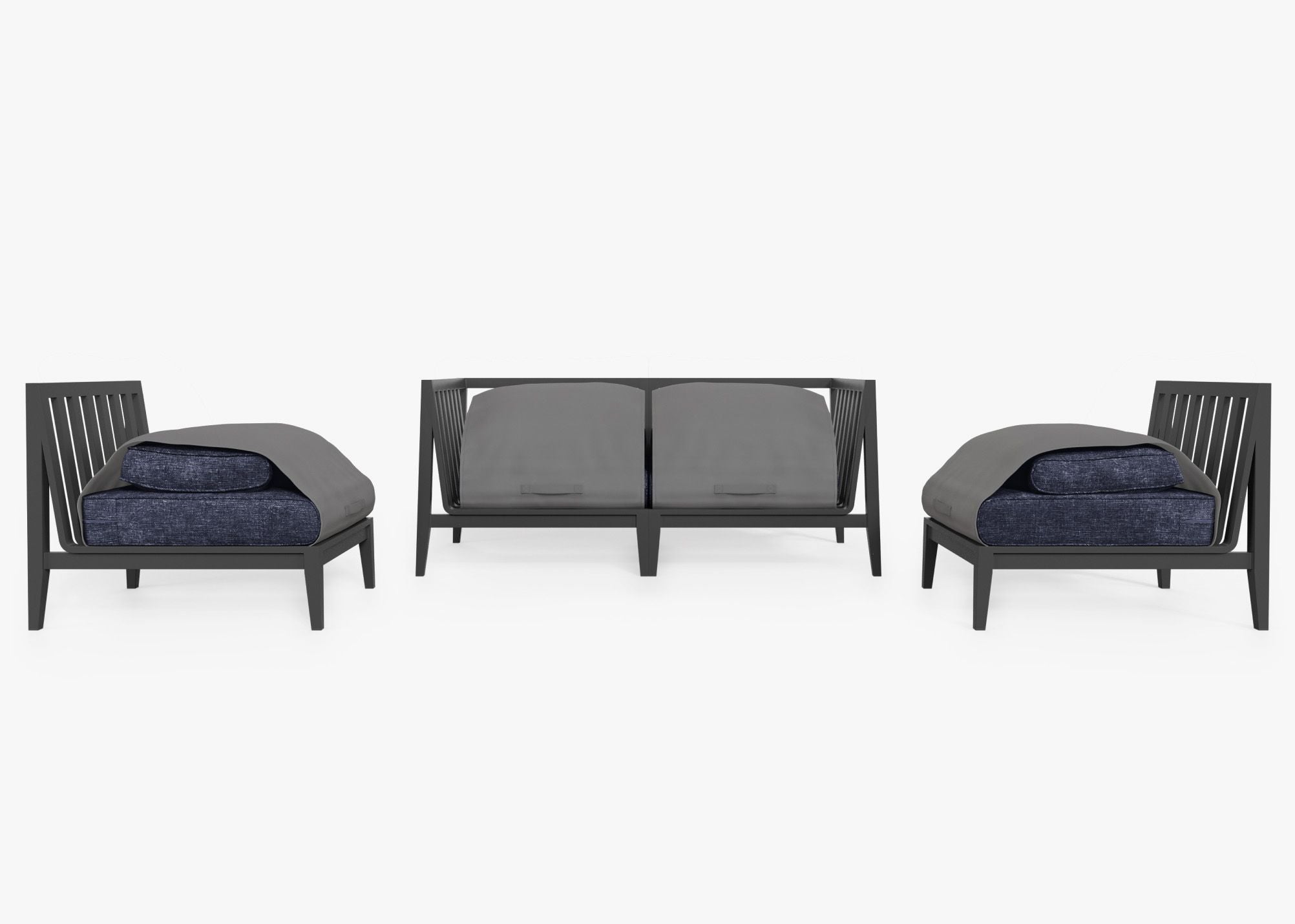 Charcoal Aluminum Outdoor Loveseat with Armless Chairs - 4 Seat shown with the OuterShell outdoor cushion cover, offering exclusive integrated protection. #color_deep sea navy
