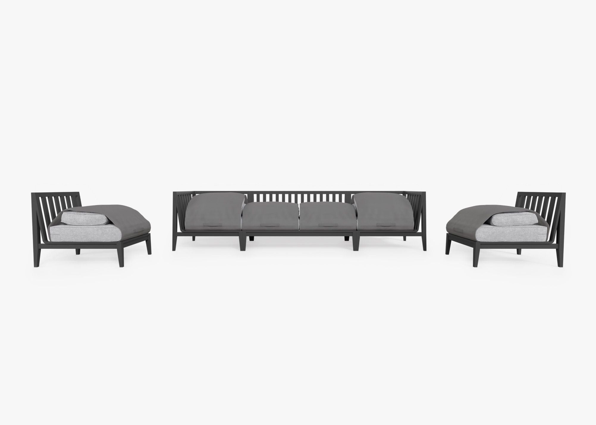 Charcoal Aluminum Outdoor Sofa with Armless Chairs - 6 Seat shown with the OuterShell outdoor cushion cover, offering exclusive integrated protection. #color_pacific fog gray