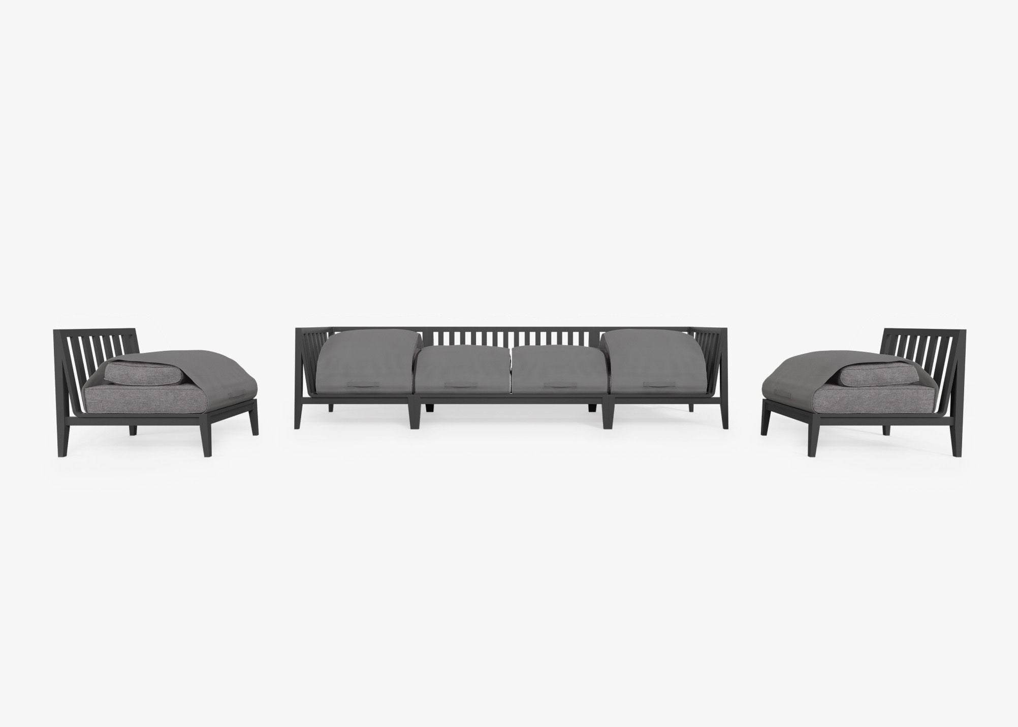 Charcoal Aluminum Outdoor Sofa with Armless Chairs - 6 Seat shown with the OuterShell outdoor cushion cover, offering exclusive integrated protection. #color_dark pebble gray