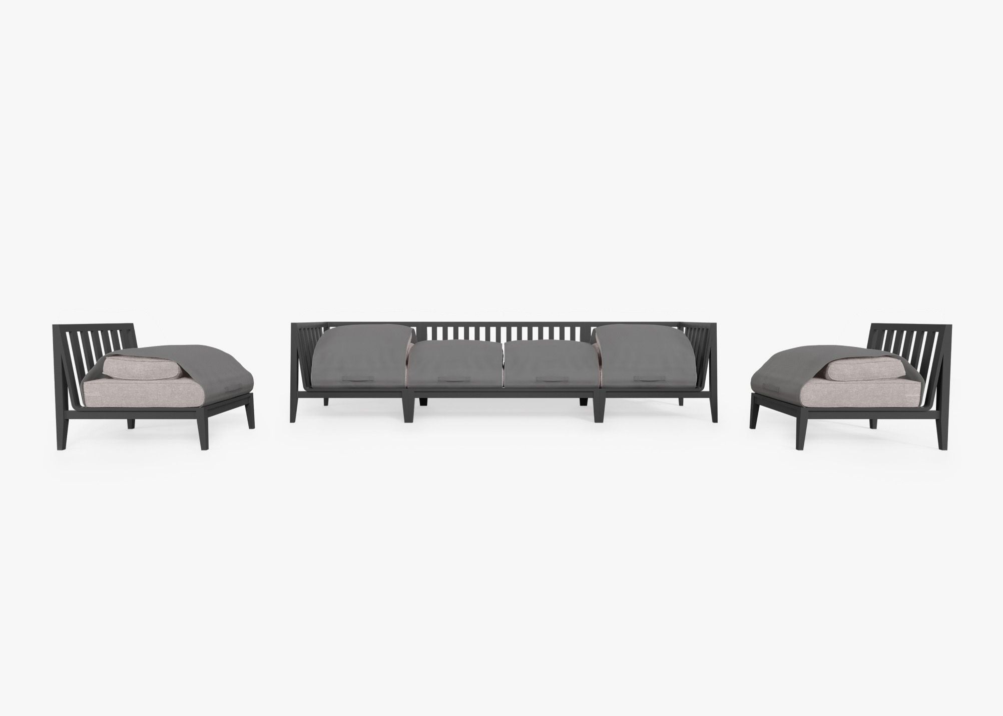 Charcoal Aluminum Outdoor Sofa with Armless Chairs - 6 Seat shown with the OuterShell outdoor cushion cover, offering exclusive integrated protection. #color_sandstone gray