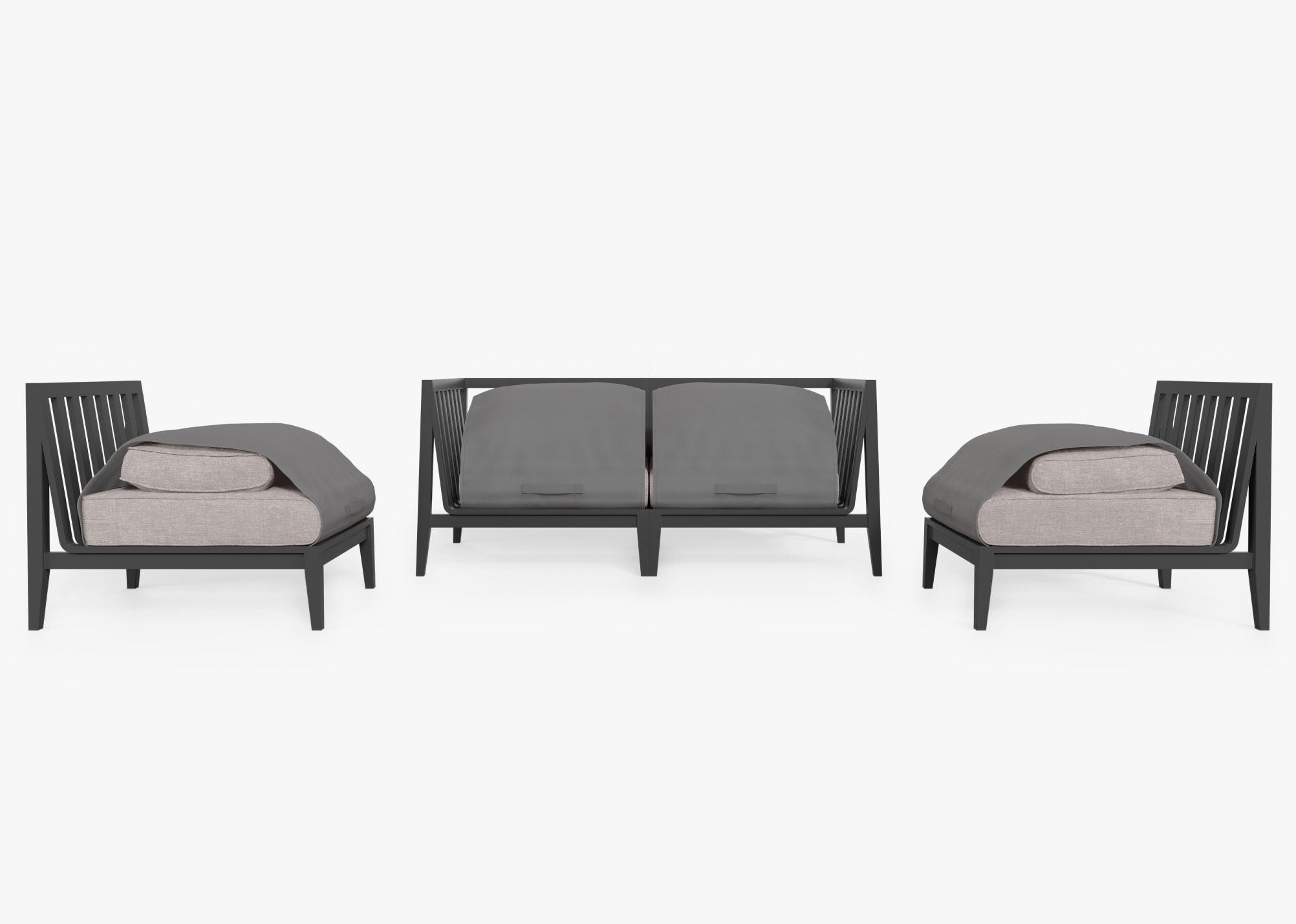Charcoal Aluminum Outdoor Loveseat with Armless Chairs - 4 Seat shown with the OuterShell outdoor cushion cover, offering exclusive integrated protection. #color_sandstone gray