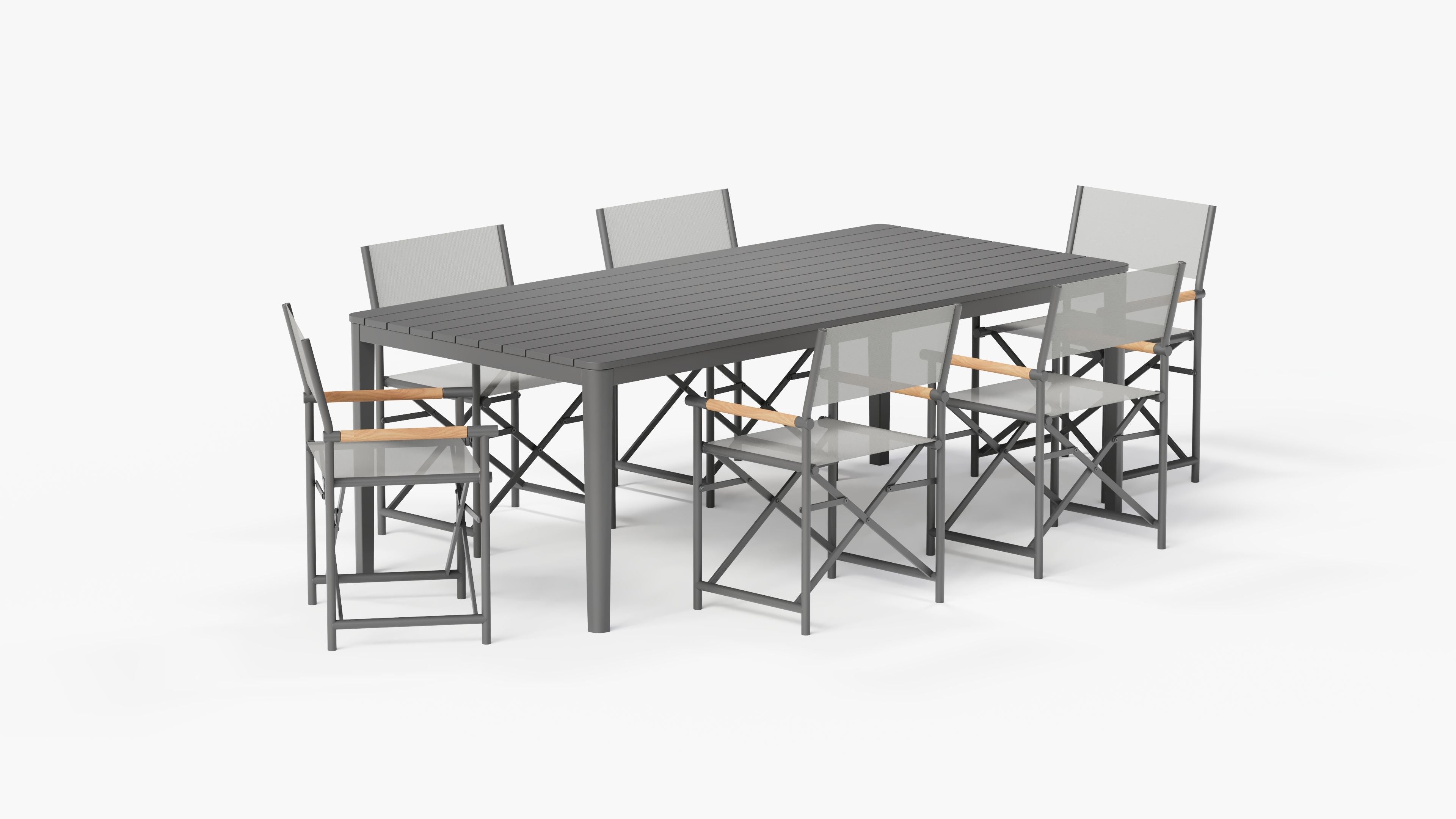 Aluminum Dining Table with 6 Aluminum Director's Chairs, 3/4 view. #color_charcoal