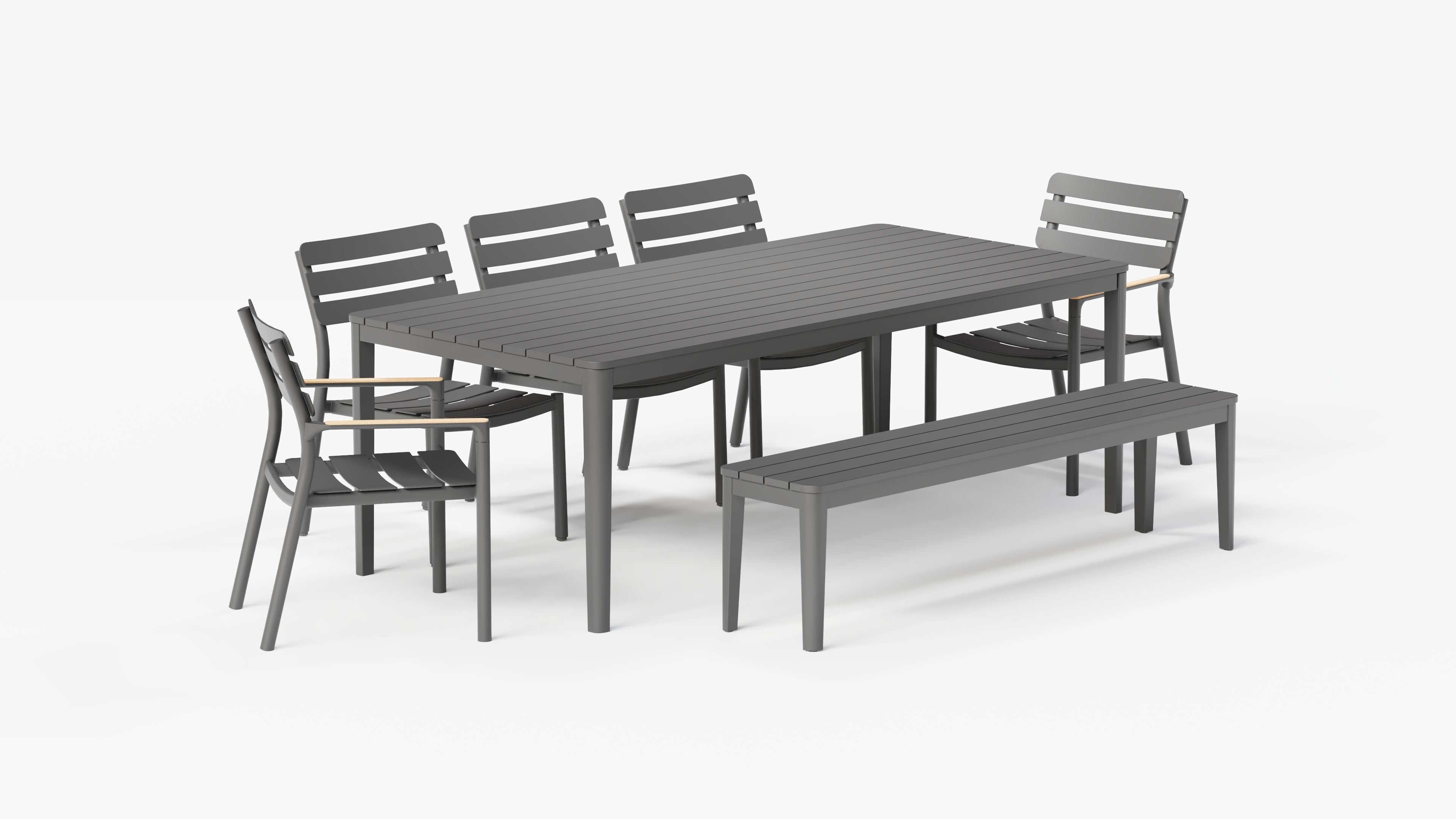 Aluminum Dining Table with 3 595 Armless Chairs, 2 595 Armchairs, and 1 Dining Bench, 3/4 view. #color_charcoal