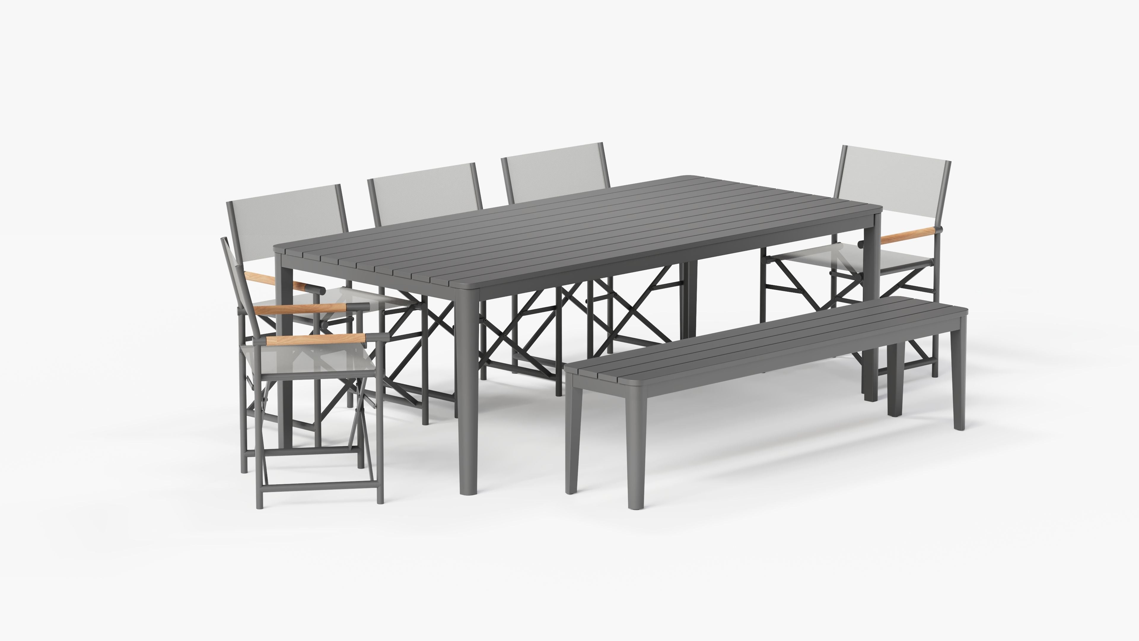 Aluminum Dining Table with 5 Aluminum Director's Chairs and one Dining Bench, 3/4 view. #color_charcoal