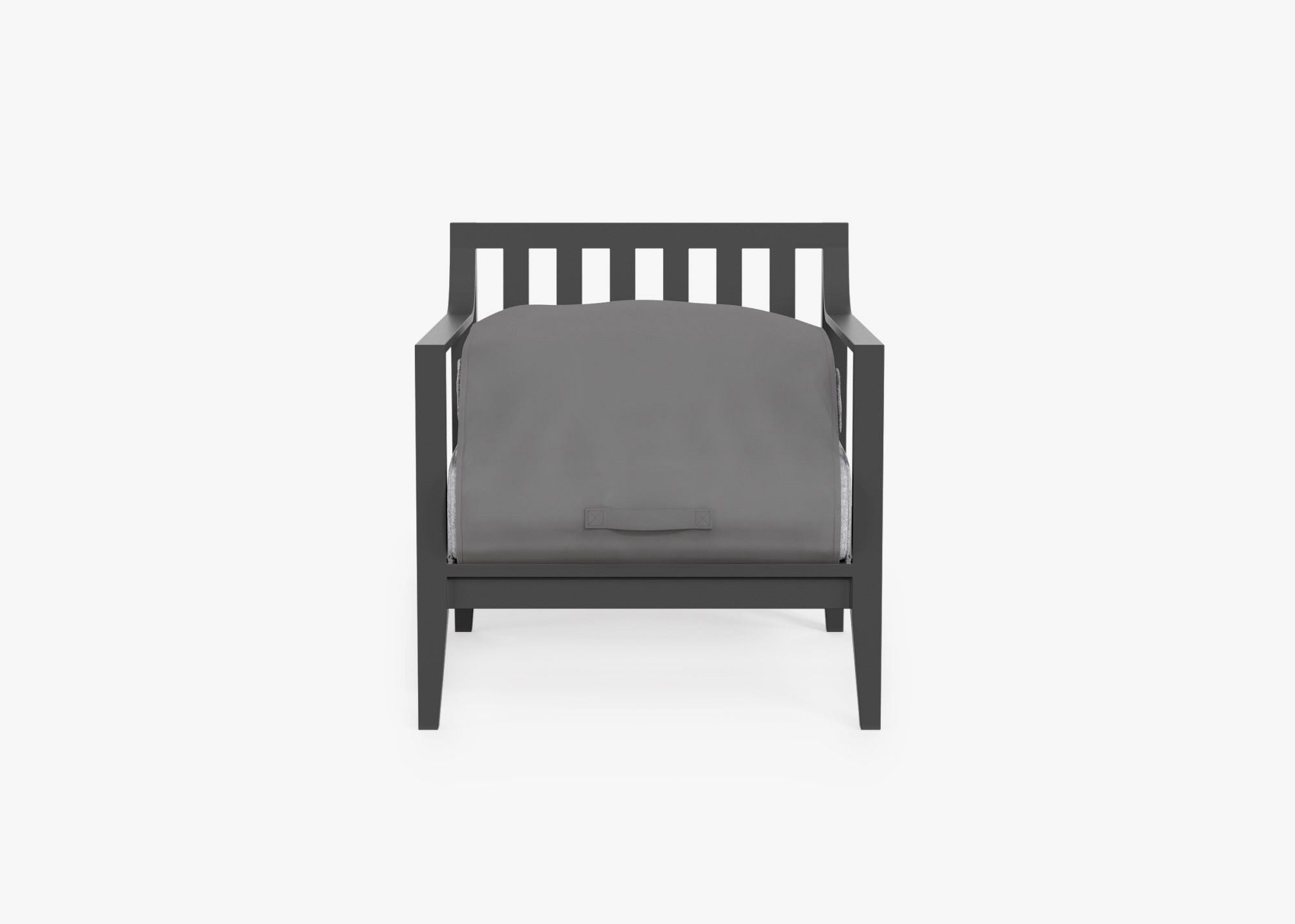 Charcoal Aluminum Outdoor Armchair shown with the OuterShell outdoor cushion cover, offering exclusive integrated protection. #color_pacific fog gray