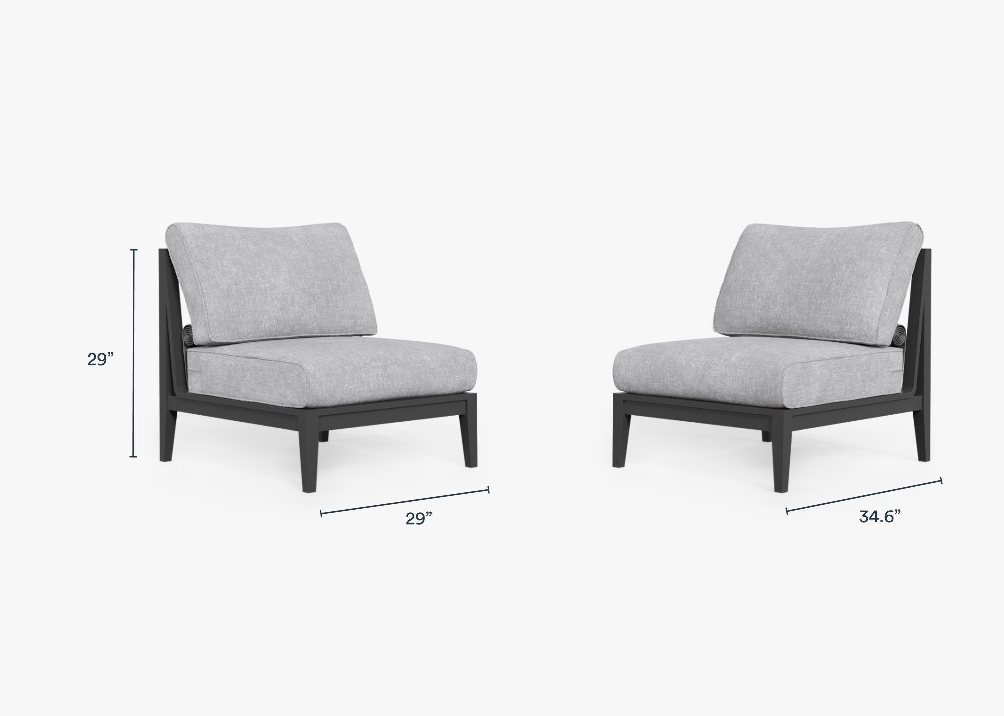 Charcoal Aluminum Outdoor Armless Chair Conversation Set dimensions in inches, also listed under Dimensions and Weights. #color_pacific fog gray