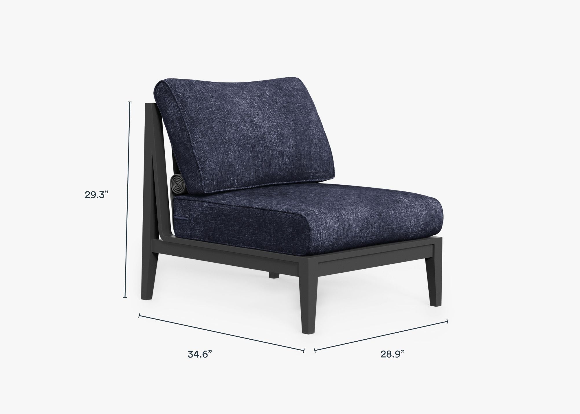 Charcoal Aluminum Outdoor Armless Chair dimensions in inches, also listed under Dimensions and Weights. #color_deep sea navy