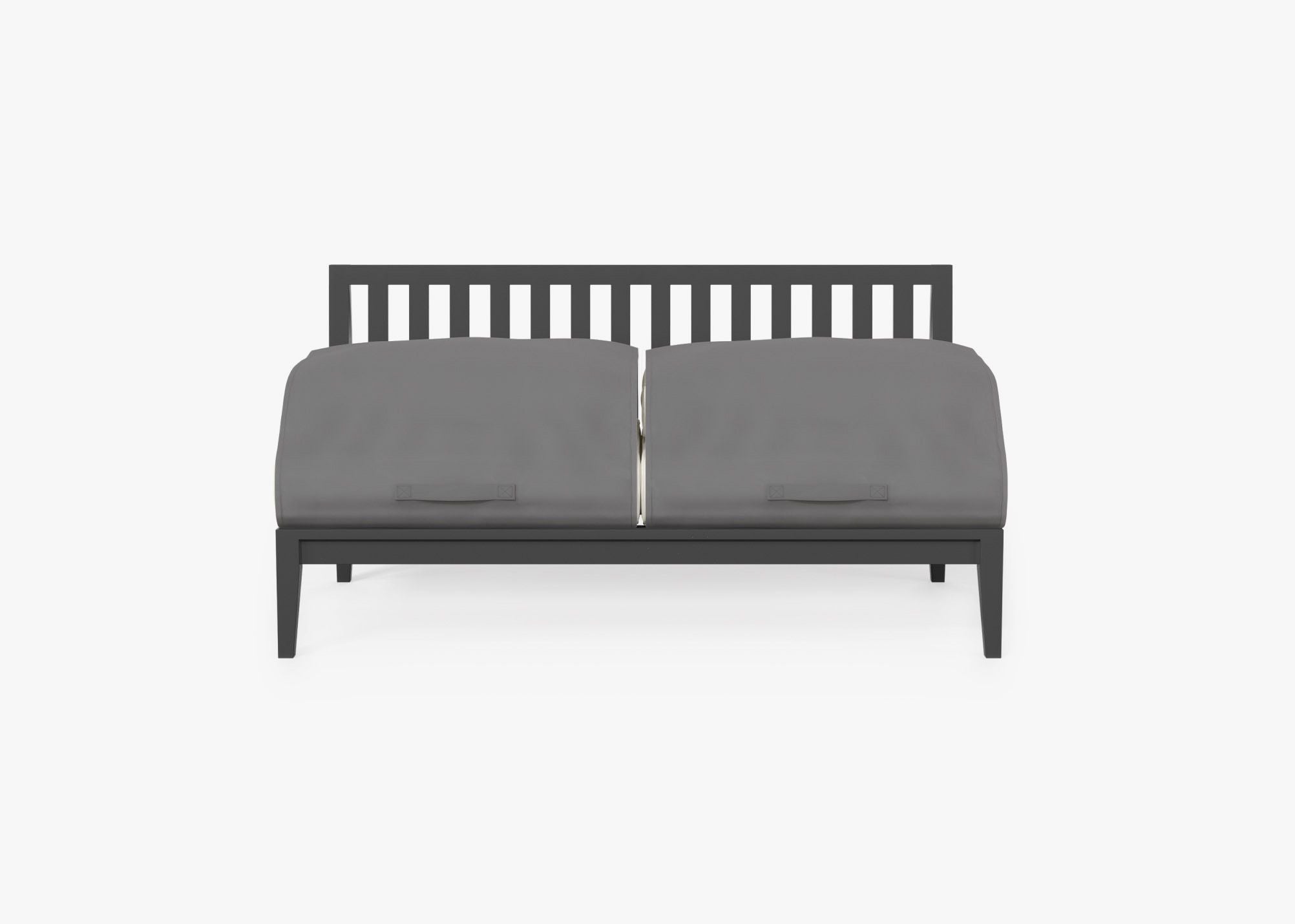 Charcoal Aluminum Outdoor Armless Loveseat shown with the OuterShell outdoor cushion cover, offering exclusive integrated protection. #color_palisades cream