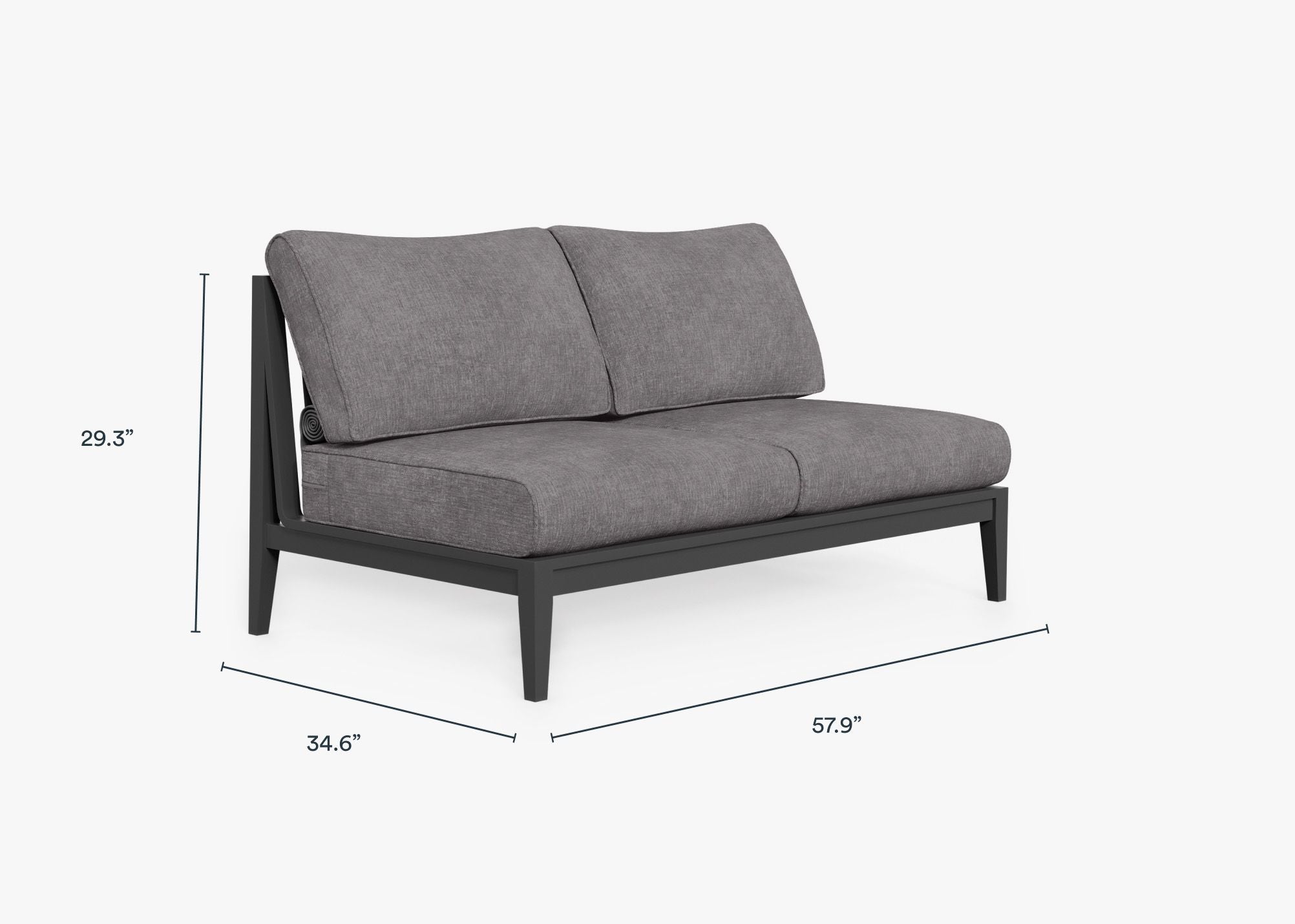 Charcoal Aluminum Outdoor Armless Loveseat dimensions in inches, also listed under Dimensions and Weights. #color_dark pebble gray