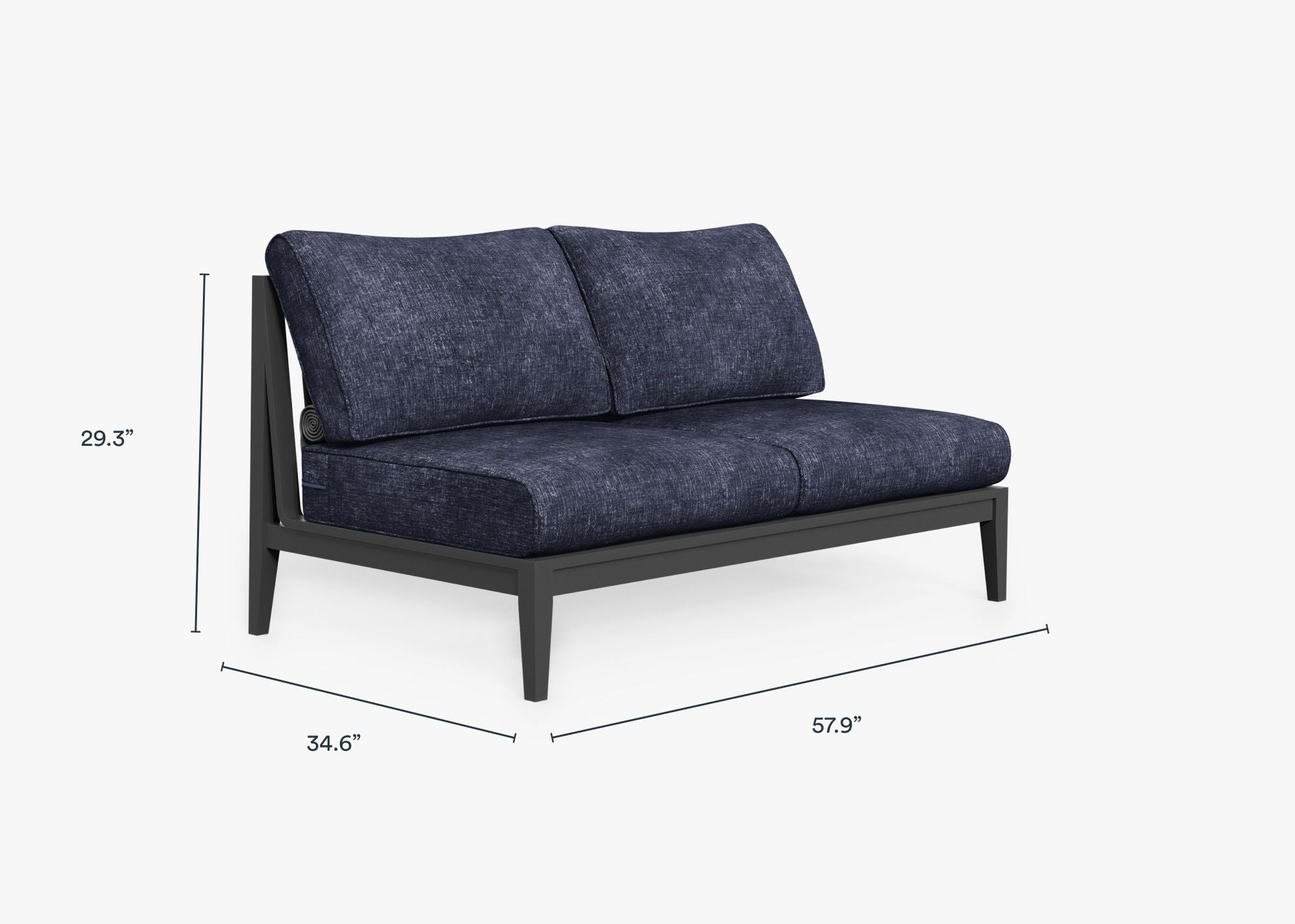 Charcoal Aluminum Outdoor Armless Loveseat dimensions in inches, also listed under Dimensions and Weights. #color_deep sea navy
