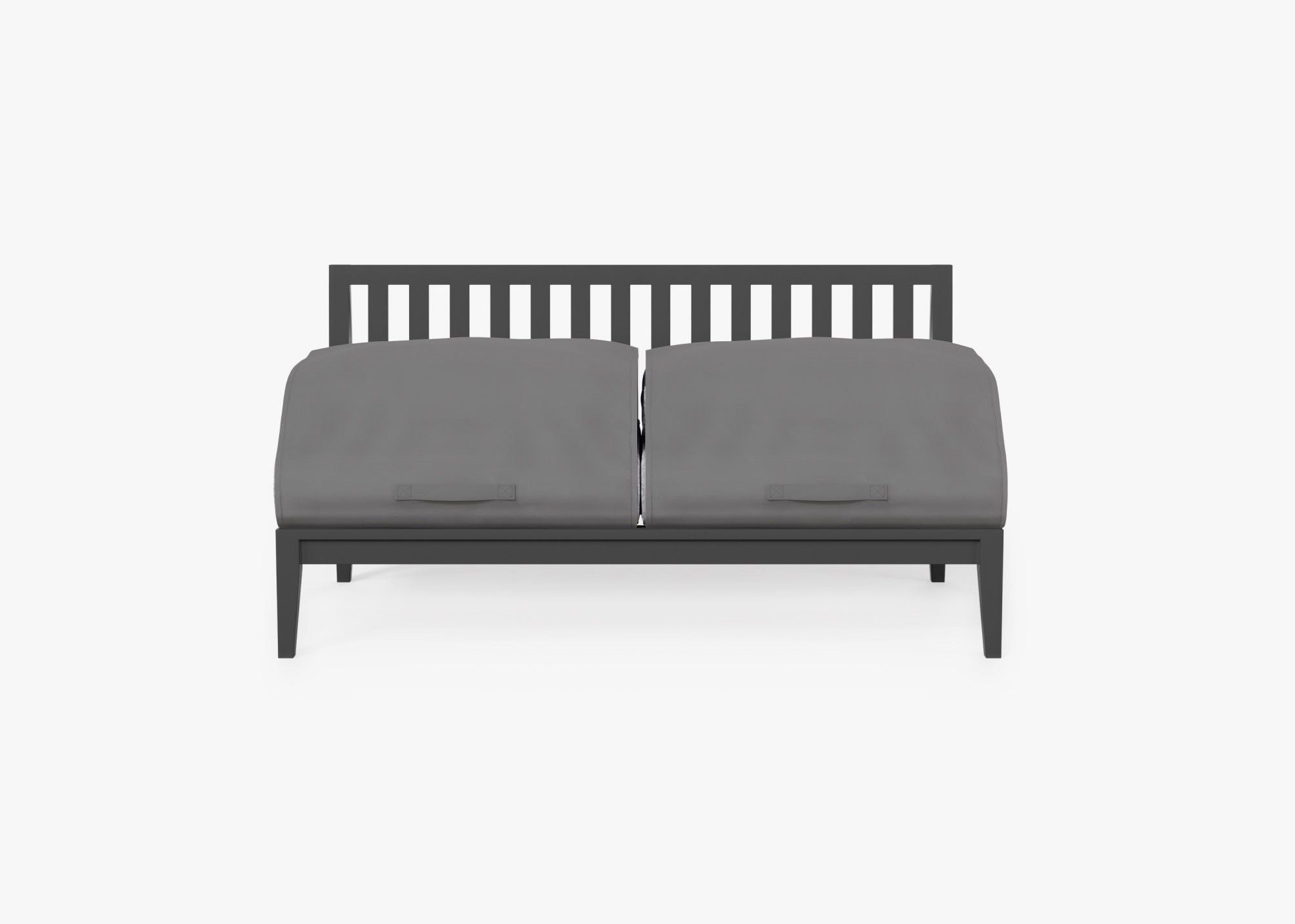 Charcoal Aluminum Outdoor Armless Loveseat shown with the OuterShell outdoor cushion cover, offering exclusive integrated protection. #color_pacific fog gray