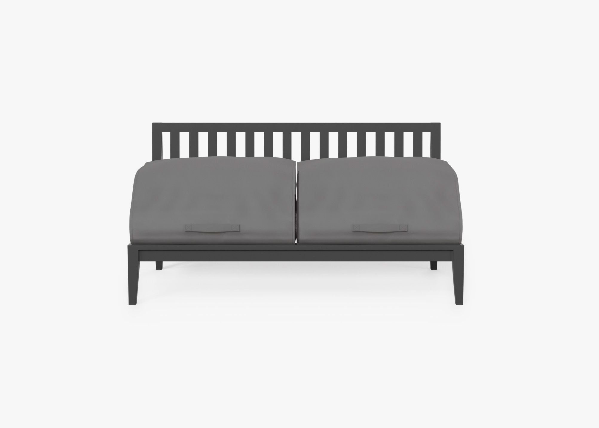 Charcoal Aluminum Outdoor Armless Loveseat shown with the OuterShell outdoor cushion cover, offering exclusive integrated protection. #color_dark pebble gray