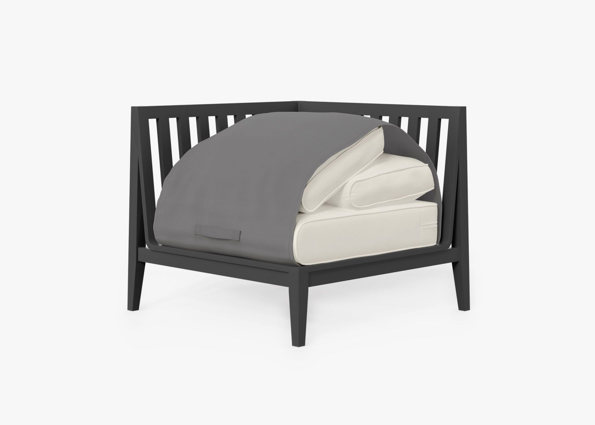 Charcoal Aluminum Outdoor Corner Chair - Right shown with the OuterShell outdoor cushion cover, offering exclusive integrated protection. #color_palisades cream