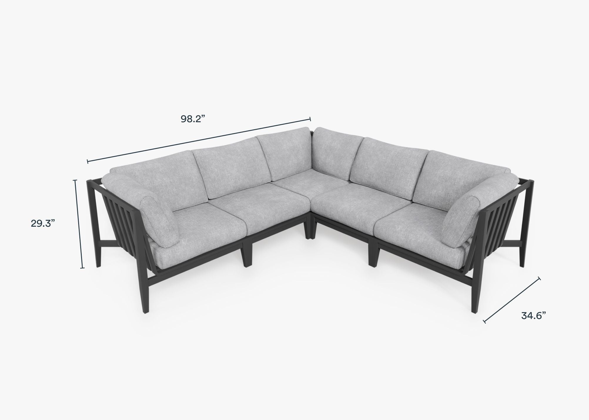 Charcoal Aluminum Outdoor Corner Sectional - 5 Seat dimensions in inches, also listed under Dimensions and Weights. #color_pacific fog gray