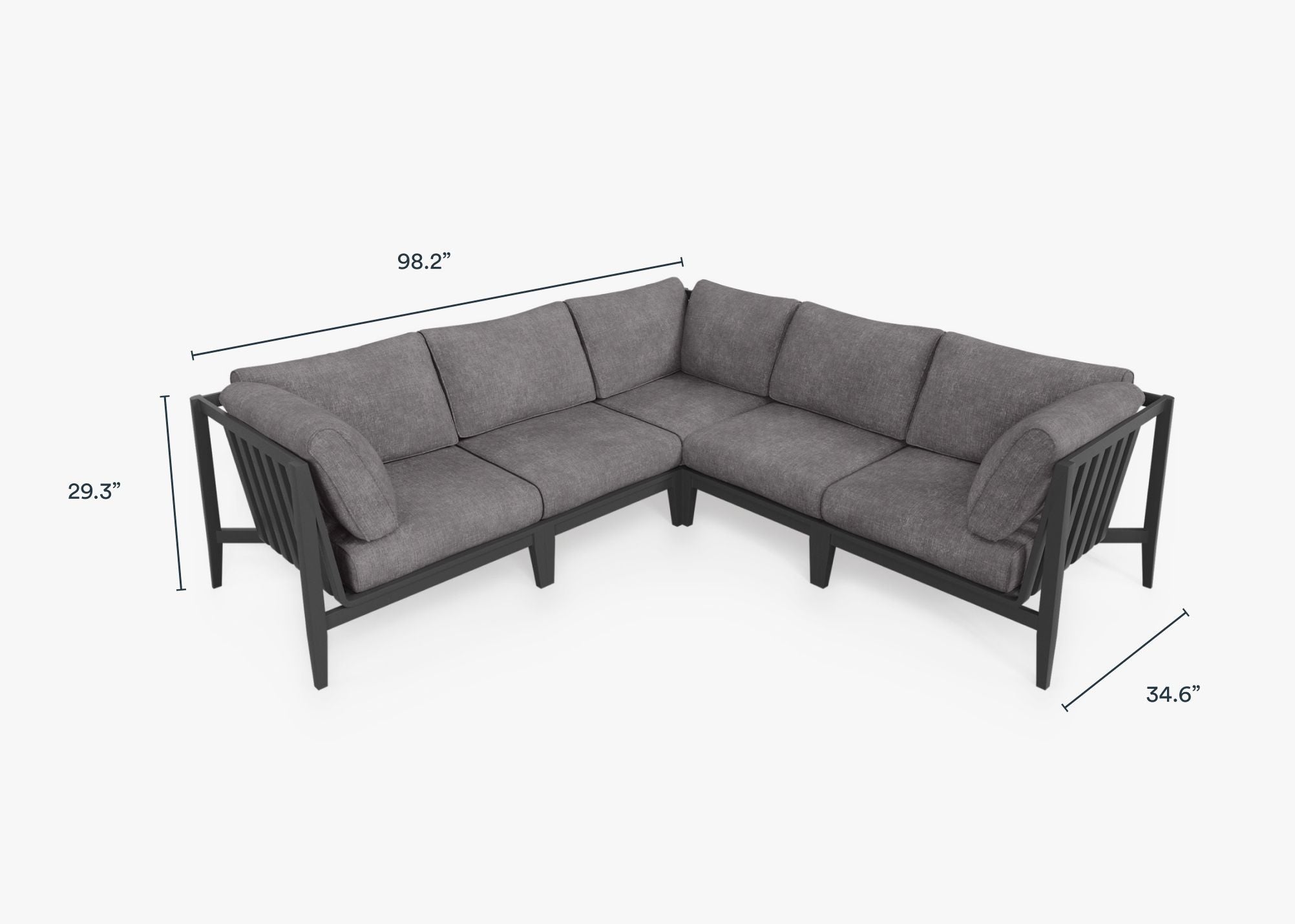 Charcoal Aluminum Outdoor Corner Sectional - 5 Seat dimensions in inches, also listed under Dimensions and Weights. #color_dark pebble gray