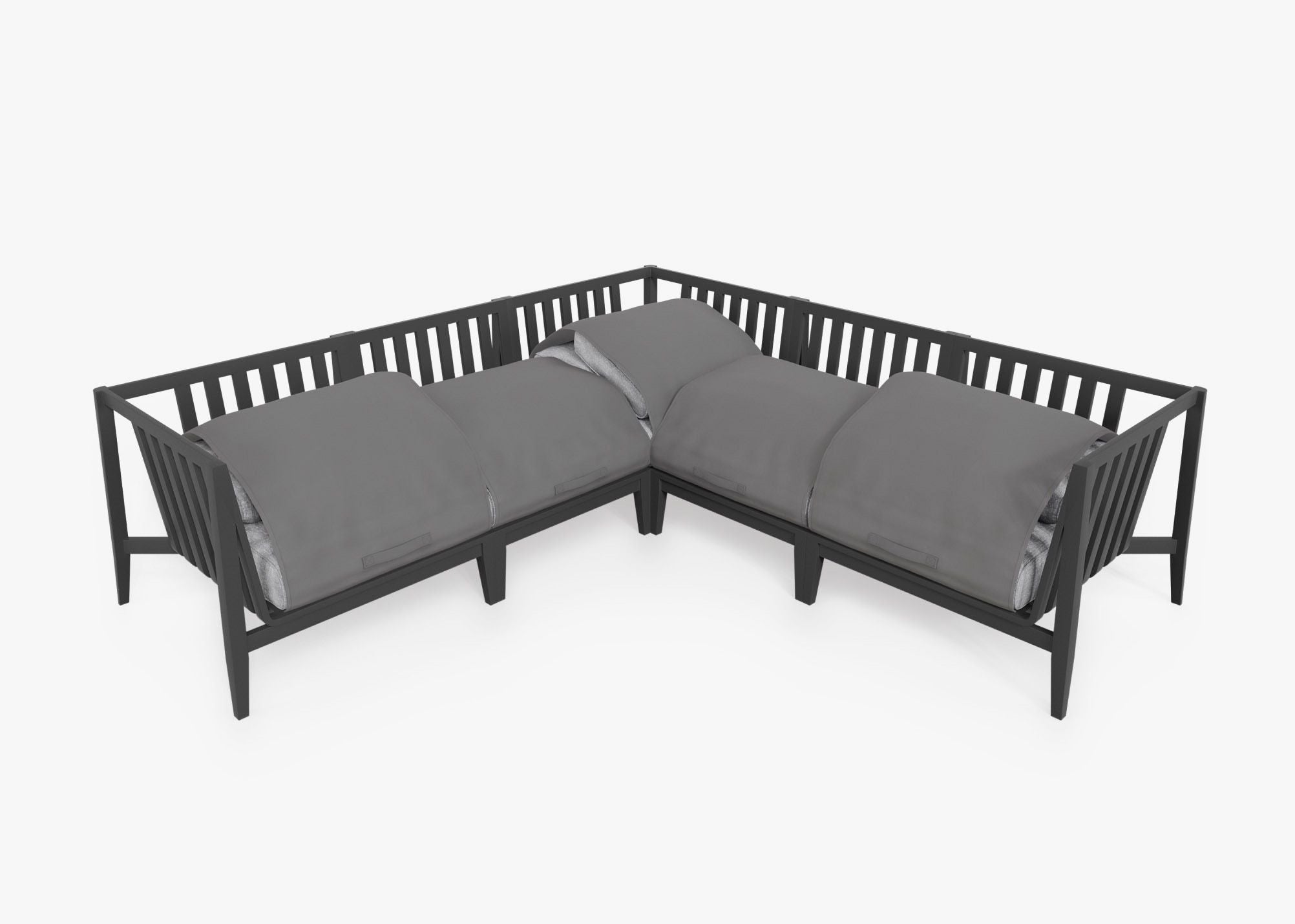 Charcoal Aluminum Outdoor Corner Sectional - 5 Seat shown with the OuterShell outdoor cushion cover, offering exclusive integrated protection. #color_pacific fog gray