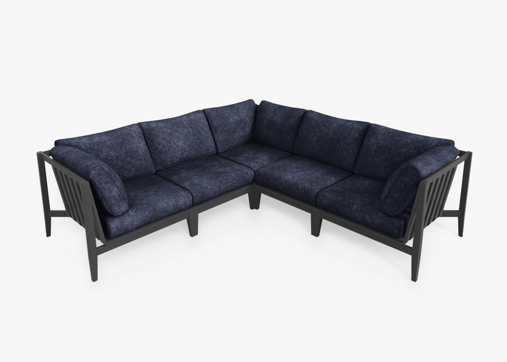 Charcoal Aluminum Outdoor Corner Sectional - 5 Seat, front. Comfortable, durable, and weather resistant outdoor seating with memory foam. #color_deep sea navy