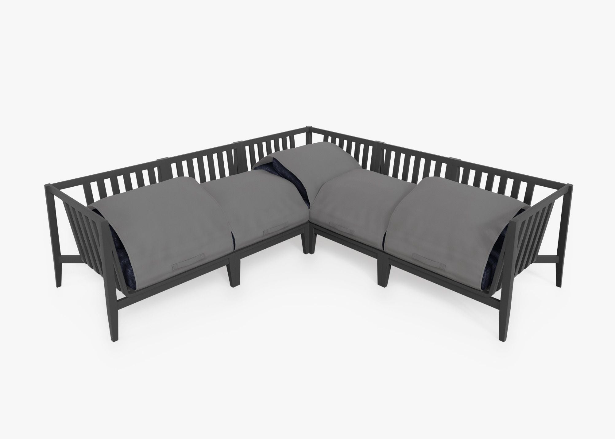 Charcoal Aluminum Outdoor Corner Sectional - 5 Seat shown with the OuterShell outdoor cushion cover, offering exclusive integrated protection. #color_deep sea navy