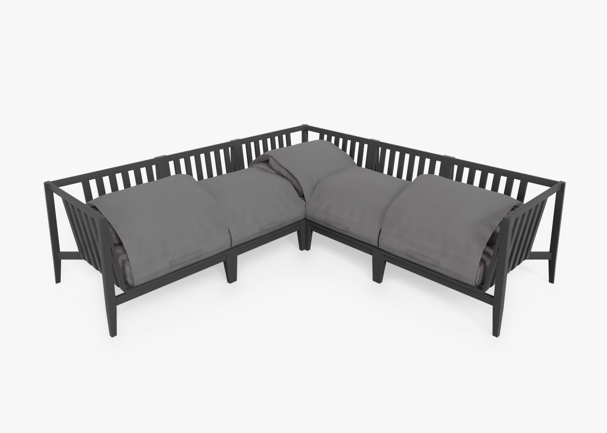 Charcoal Aluminum Outdoor Corner Sectional - 5 Seat shown with the OuterShell outdoor cushion cover, offering exclusive integrated protection. #color_dark pebble gray