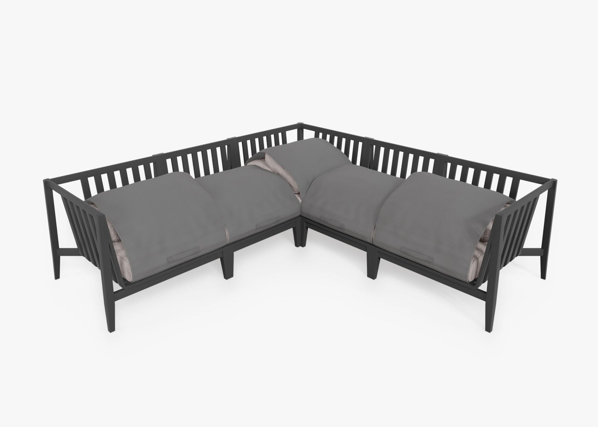 Charcoal Aluminum Outdoor Corner Sectional - 5 Seat shown with the OuterShell outdoor cushion cover, offering exclusive integrated protection. #color_sandstone gray