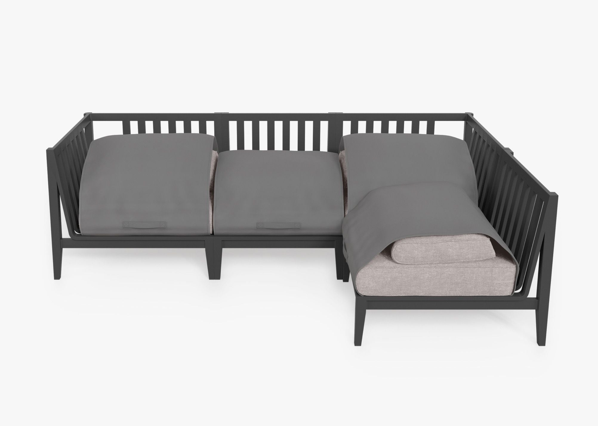 Charcoal Aluminum Outdoor L Sectional - 4 Seat shown with the OuterShell outdoor cushion cover, offering exclusive integrated protection. #color_sandstone gray