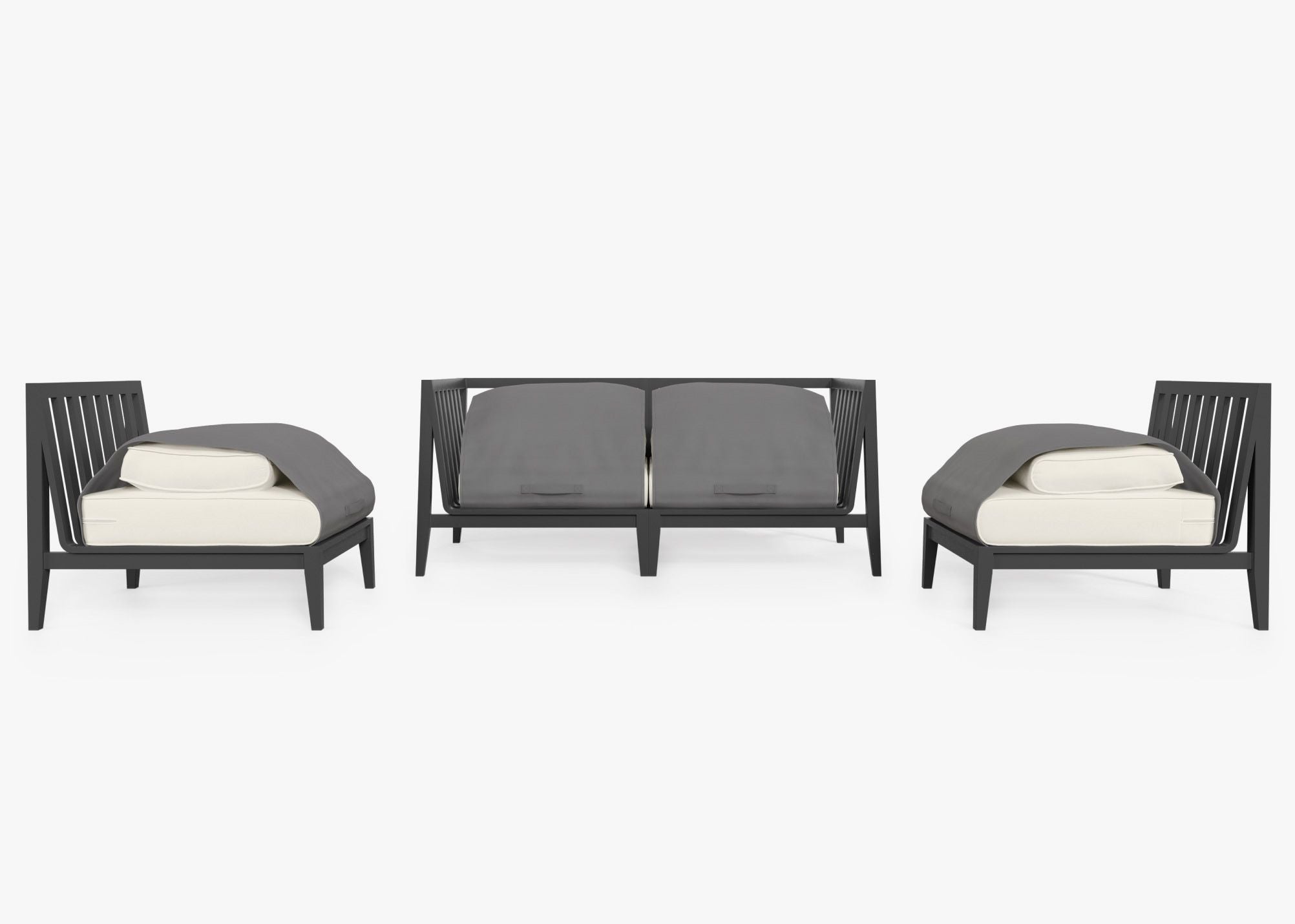 Charcoal Aluminum Outdoor Loveseat with Armless Chairs - 4 Seat shown with the OuterShell outdoor cushion cover, offering exclusive integrated protection. #color_palisades cream