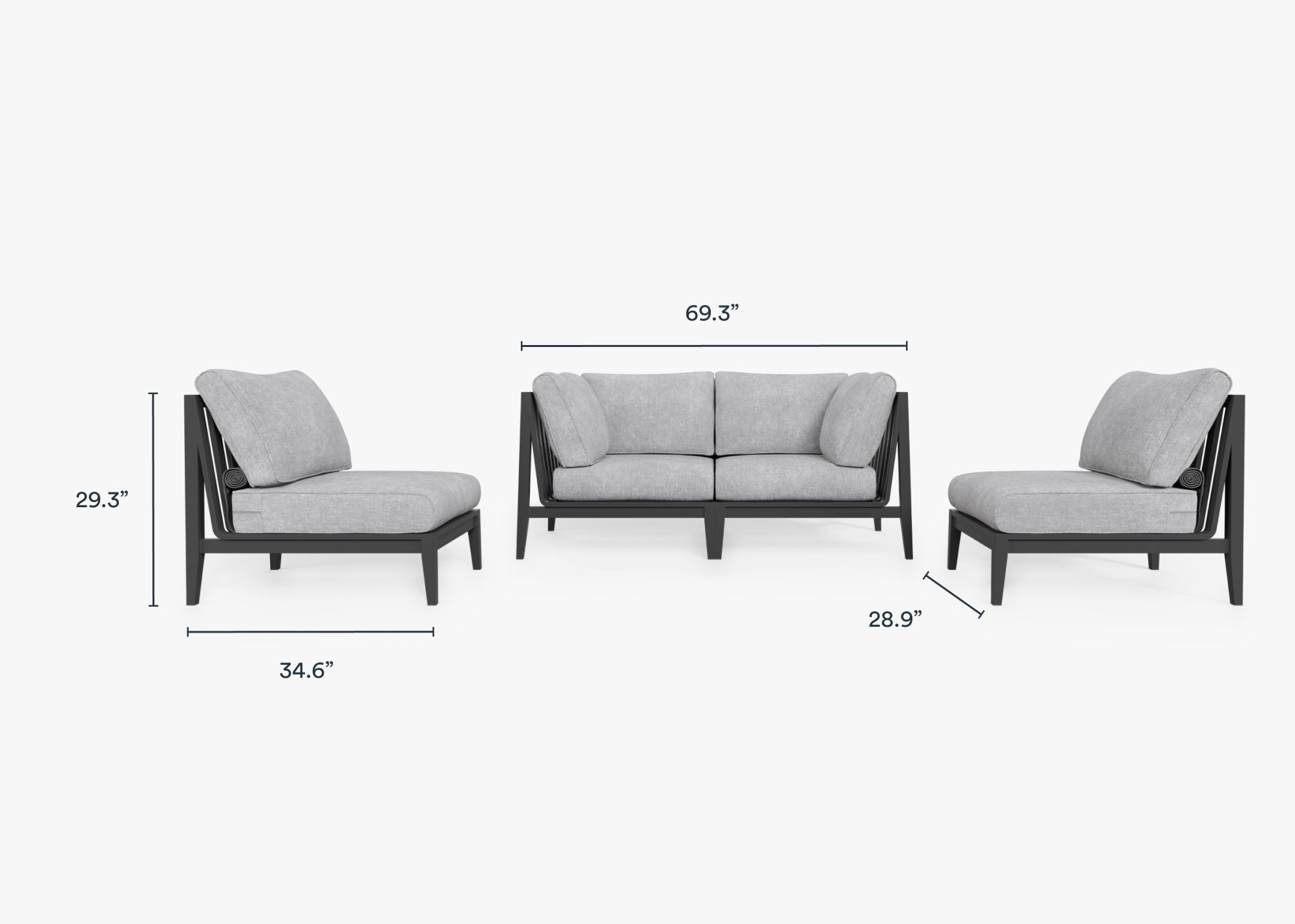 Charcoal Aluminum Outdoor Loveseat with Armless Chairs - 4 Seat dimensions in inches, also listed under Dimensions and Weights. #color_pacific fog gray