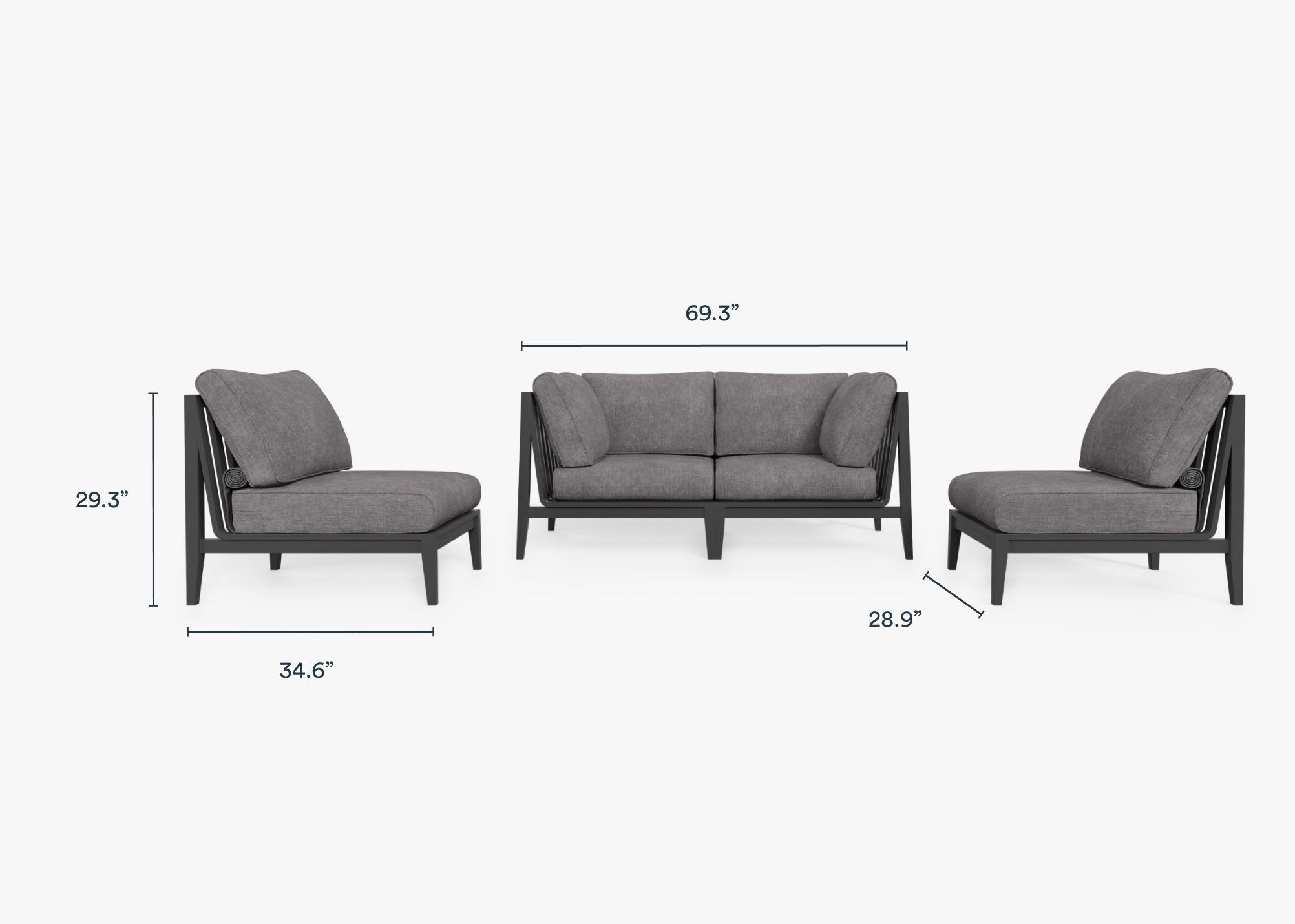Charcoal Aluminum Outdoor Loveseat with Armless Chairs - 4 Seat dimensions in inches, also listed under Dimensions and Weights. #color_dark pebble gray