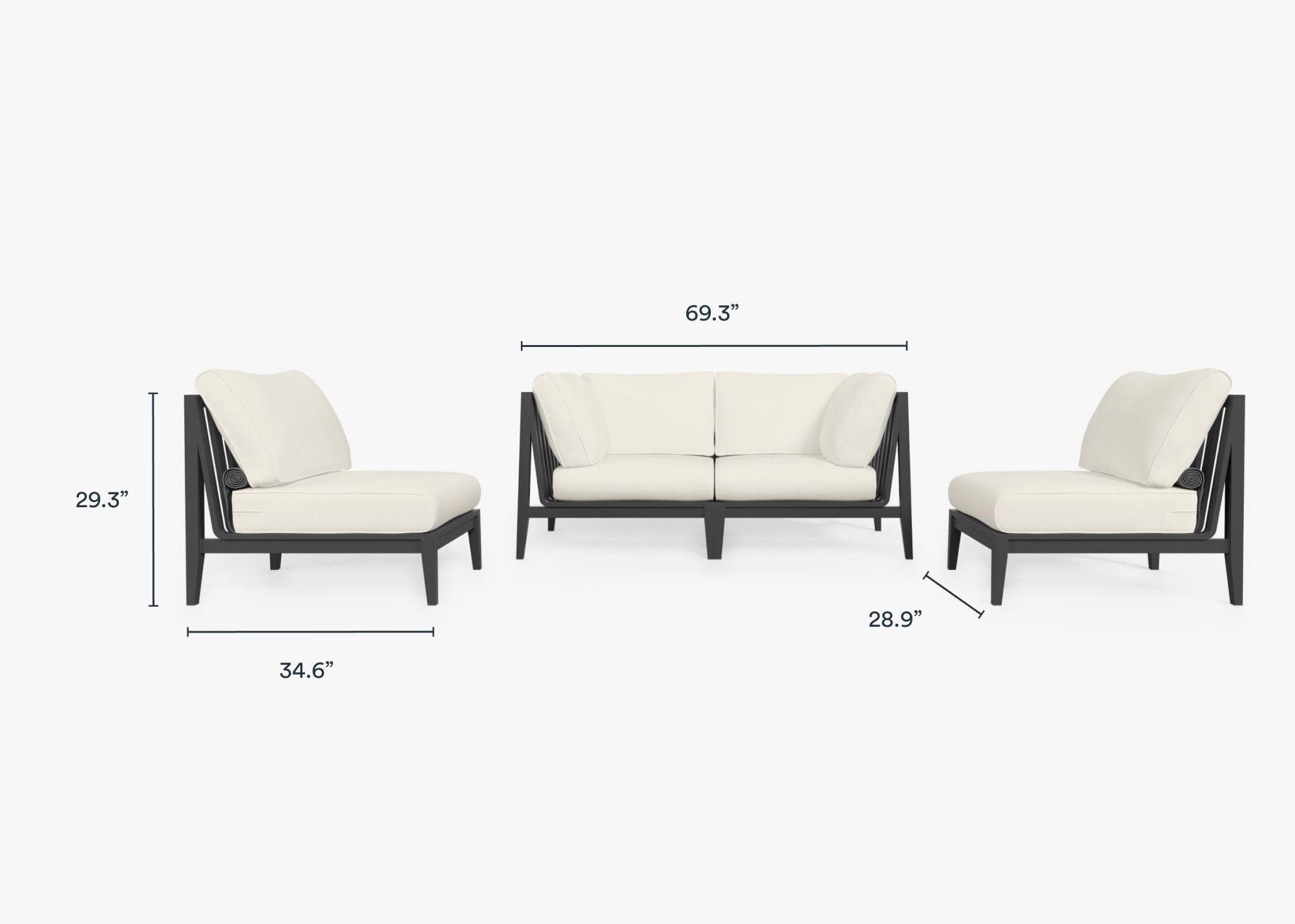 Charcoal Aluminum Outdoor Loveseat with Armless Chairs - 4 Seat dimensions in inches, also listed under Dimensions and Weights. #color_palisades cream