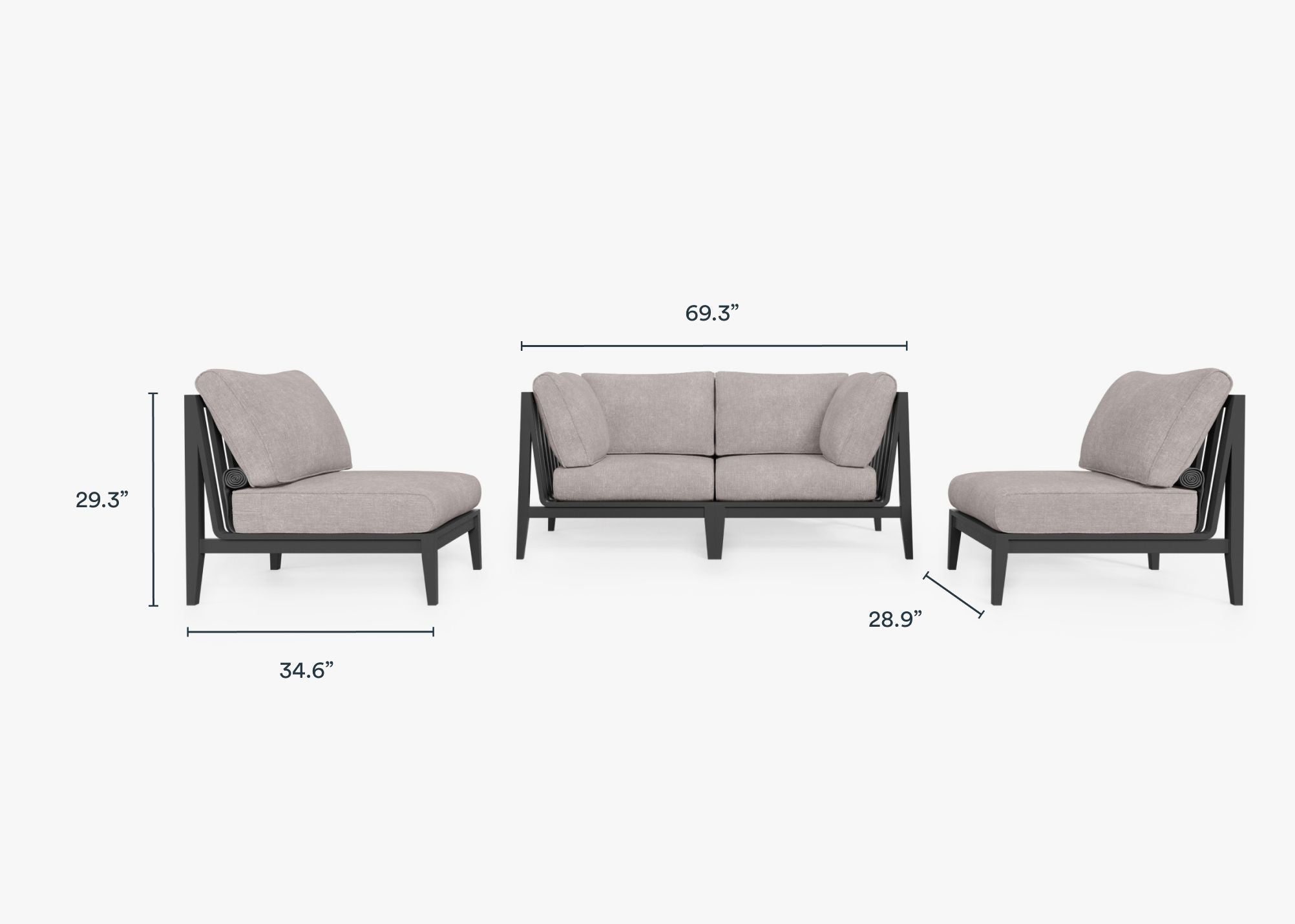 Charcoal Aluminum Outdoor Loveseat with Armless Chairs - 4 Seat dimensions in inches, also listed under Dimensions and Weights. #color_sandstone gray