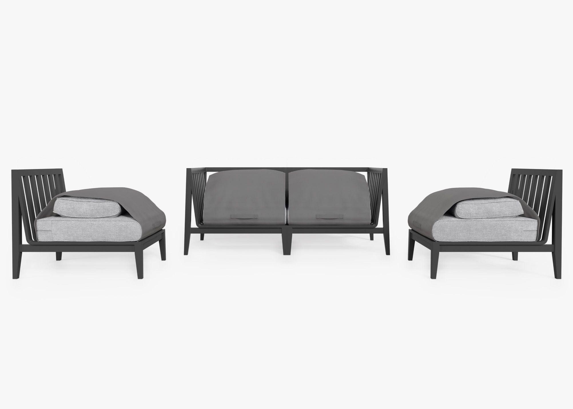 Charcoal Aluminum Outdoor Loveseat with Armless Chairs - 4 Seat shown with the OuterShell outdoor cushion cover, offering exclusive integrated protection. #color_pacific fog gray