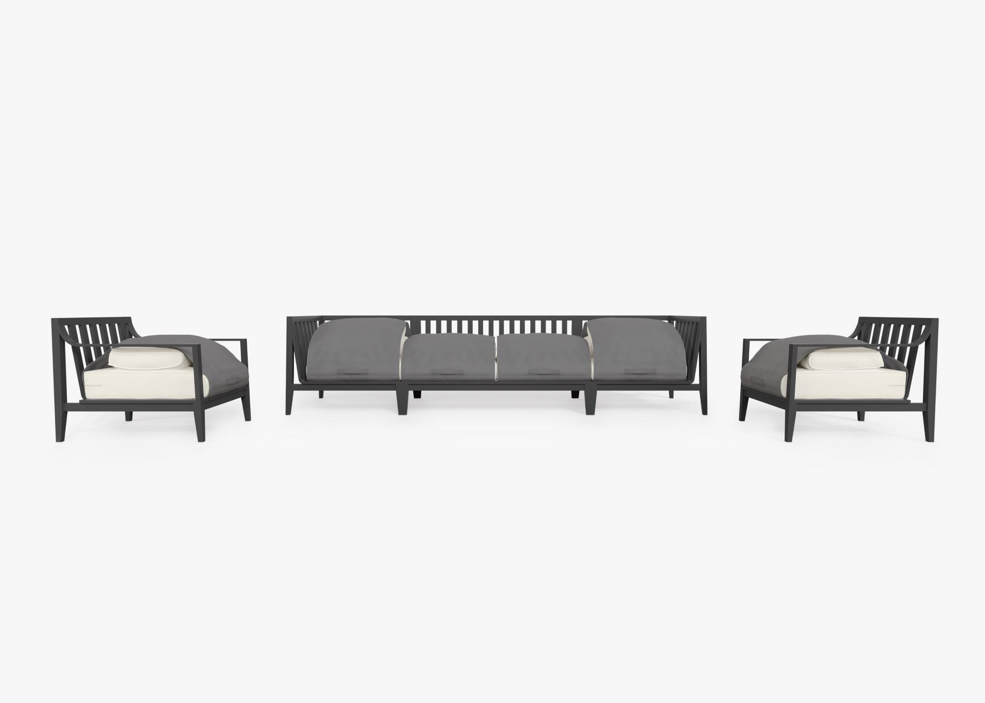 Charcoal Aluminum Outdoor Sofa with Armchairs - 6 Seat shown with the OuterShell outdoor cushion cover, offering exclusive integrated protection. #color_palisades cream