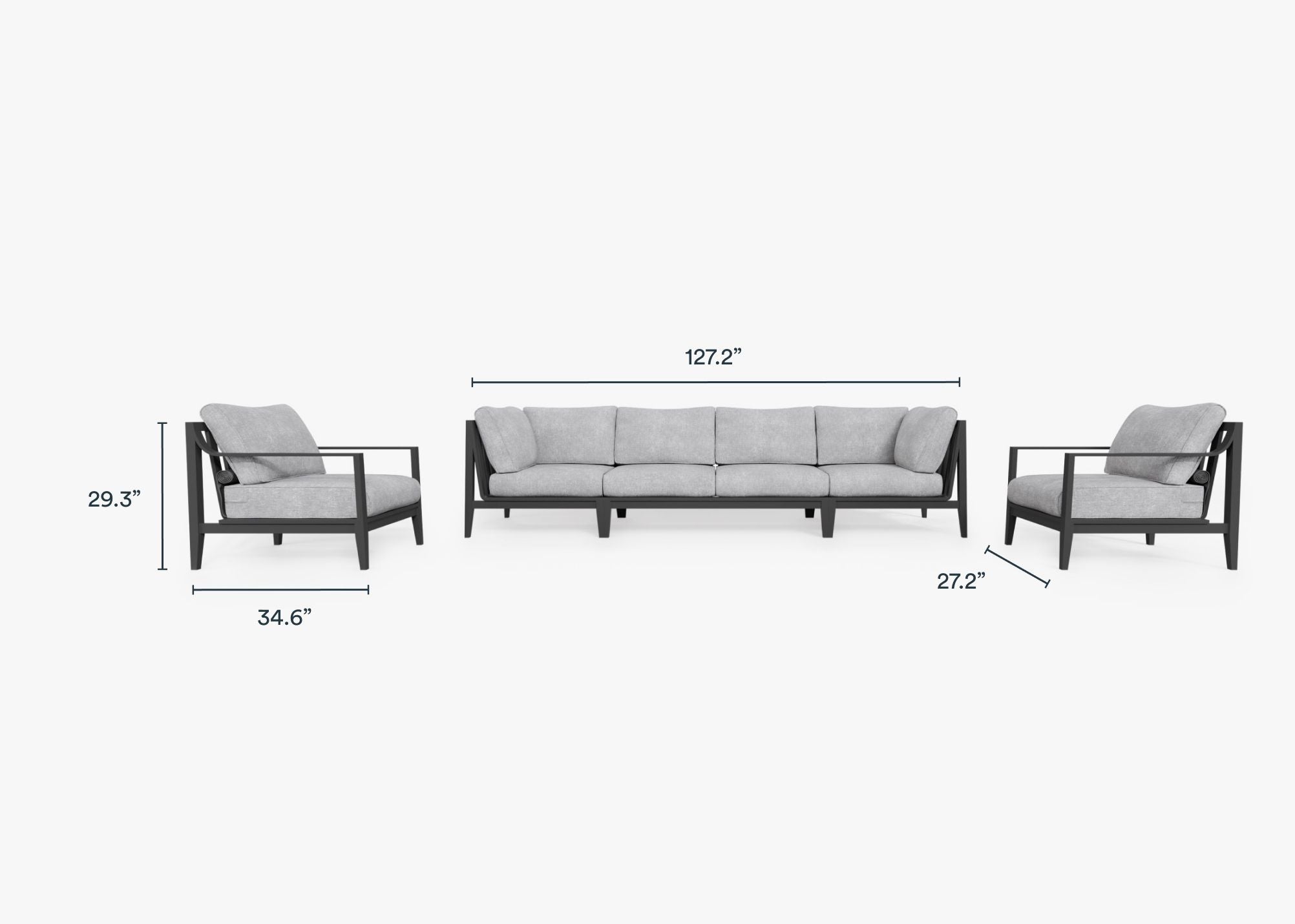 Charcoal Aluminum Outdoor Sofa with Armchairs - 6 Seat dimensions in inches, also listed under Dimensions and Weights. #color_pacific fog gray