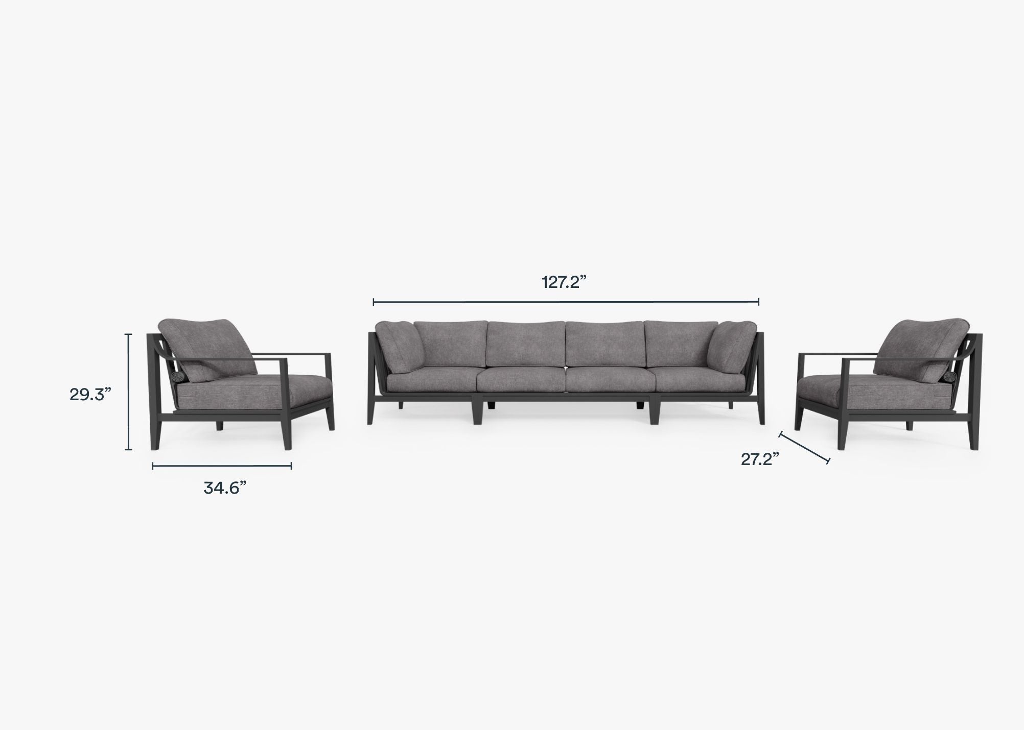 Charcoal Aluminum Outdoor Sofa with Armchairs - 6 Seat dimensions in inches, also listed under Dimensions and Weights. #color_dark pebble gray