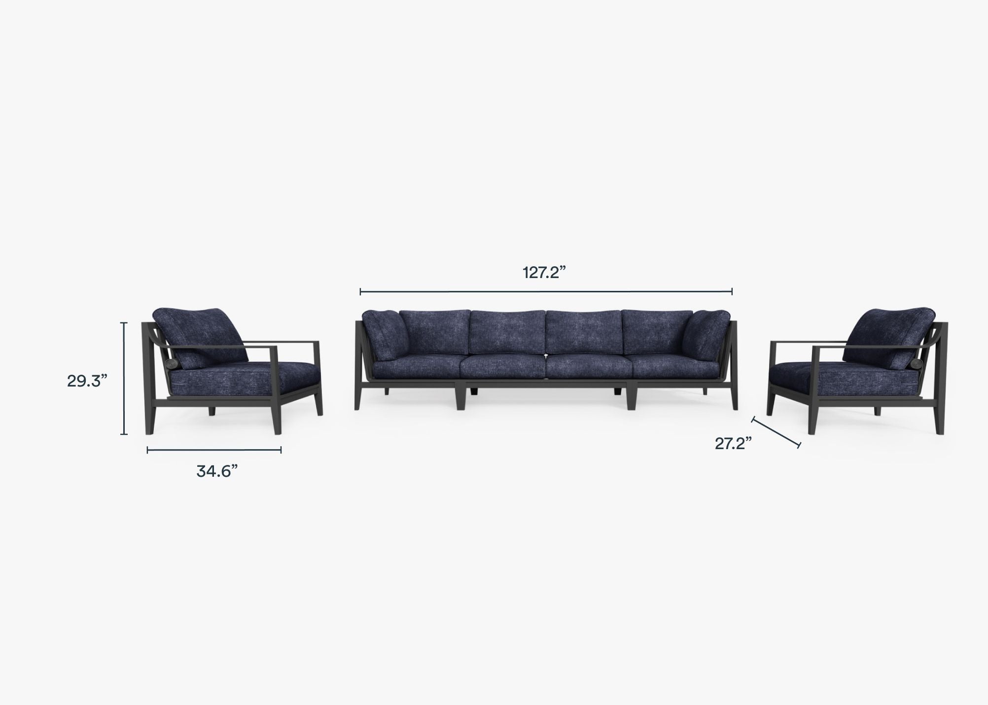 Charcoal Aluminum Outdoor Sofa with Armchairs - 6 Seat dimensions in inches, also listed under Dimensions and Weights. #color_deep sea navy