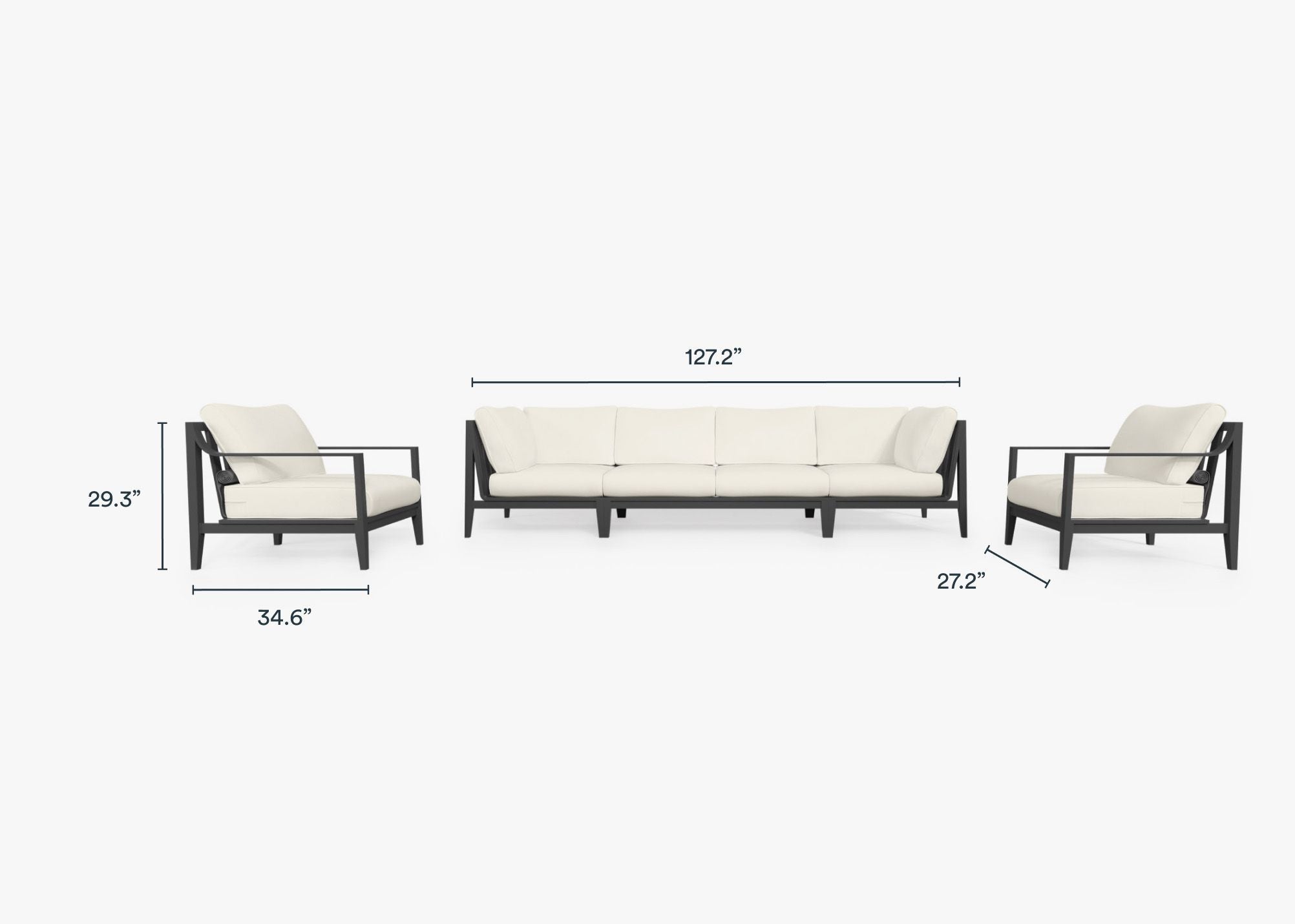 Charcoal Aluminum Outdoor Sofa with Armchairs - 6 Seat dimensions in inches, also listed under Dimensions and Weights. #color_palisades cream