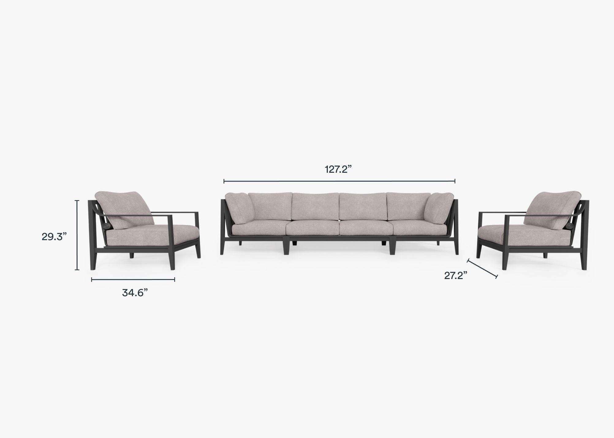 Charcoal Aluminum Outdoor Sofa with Armchairs - 6 Seat dimensions in inches, also listed under Dimensions and Weights. #color_sandstone gray